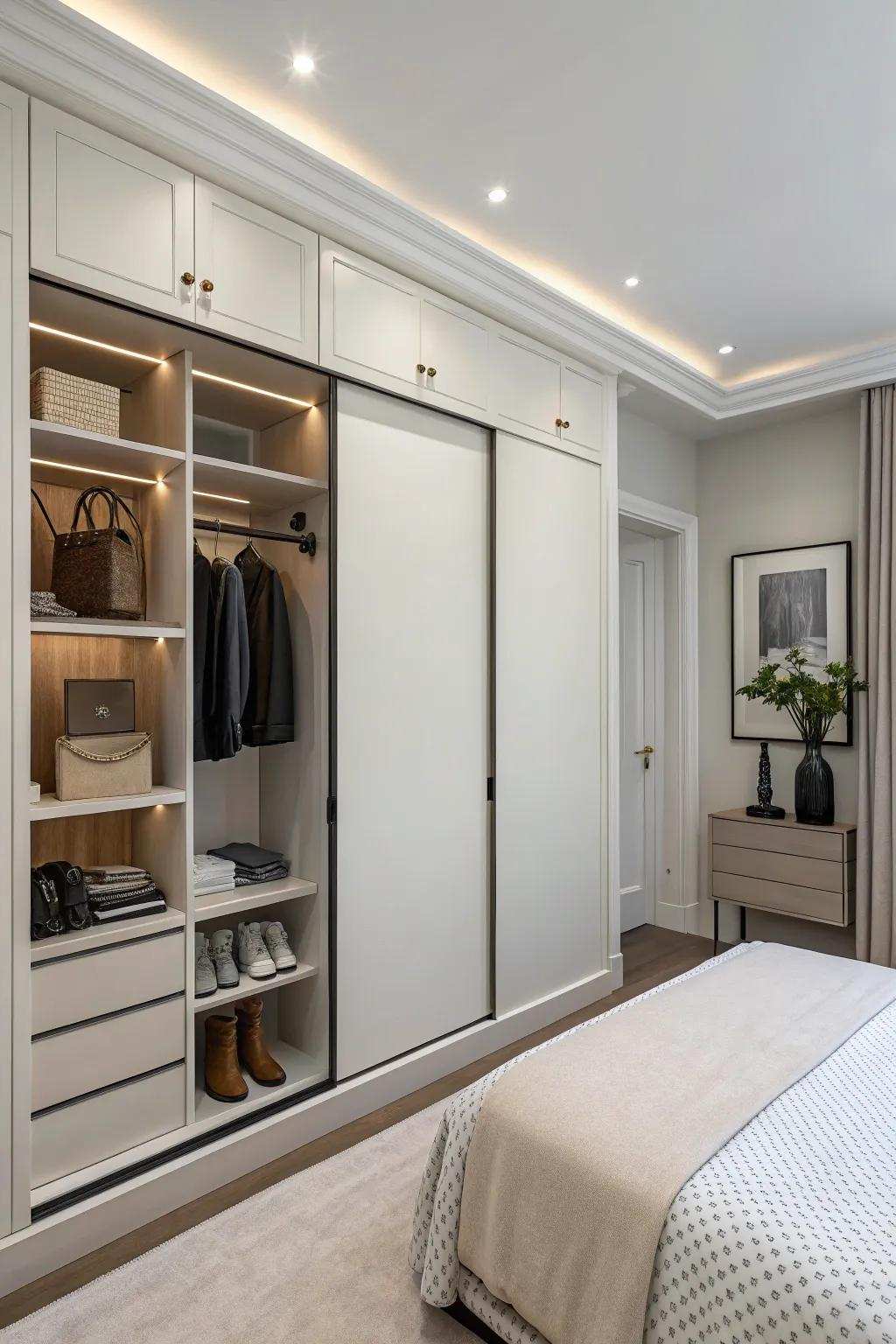A closet concept merging exposed and concealed stowage for multifaceted organization.