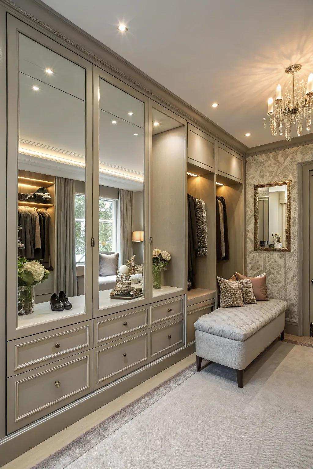 A closet that amalgamates seating and reflections for a lavish dressing encounter.