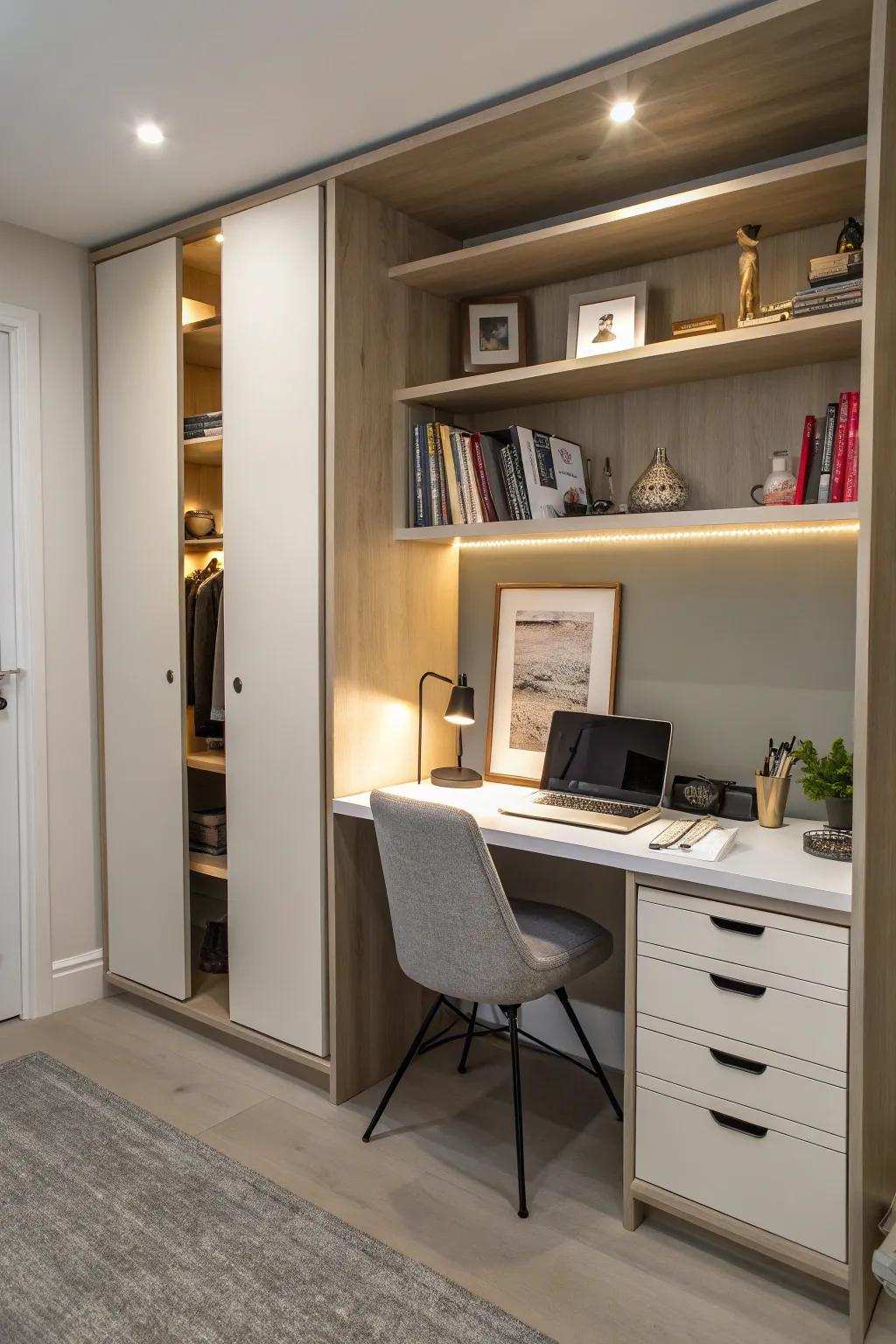 A closet that functions as a functional workspace, ideal for contemporary living.