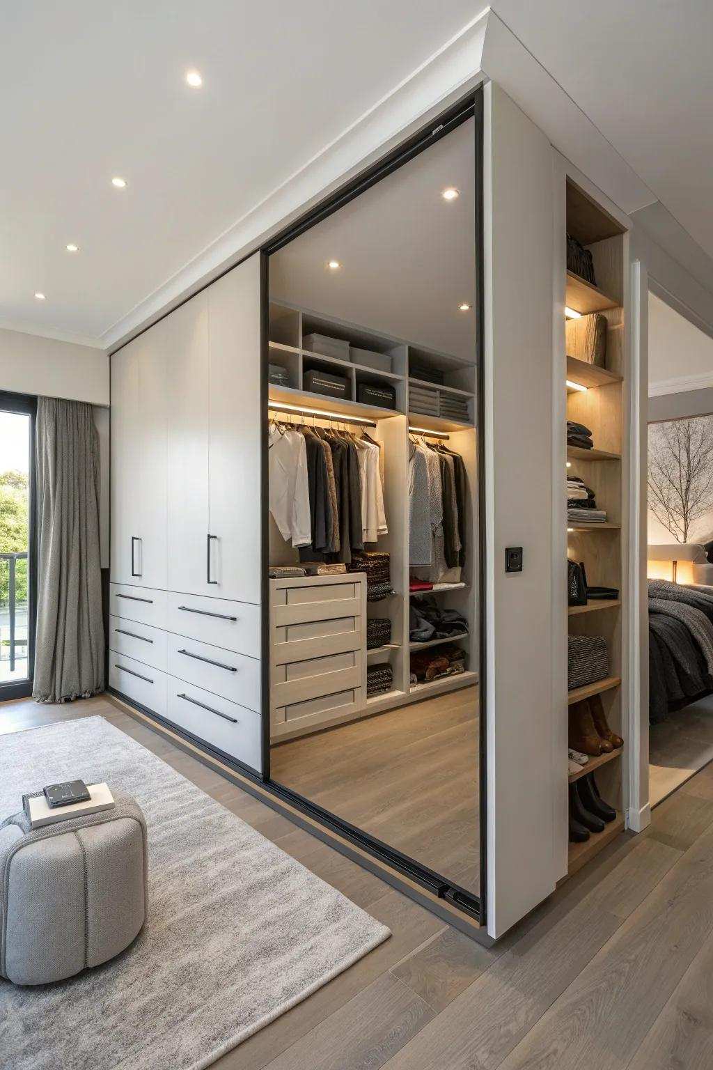 A closet that serves as a stylish area partition within an open-concept layout.