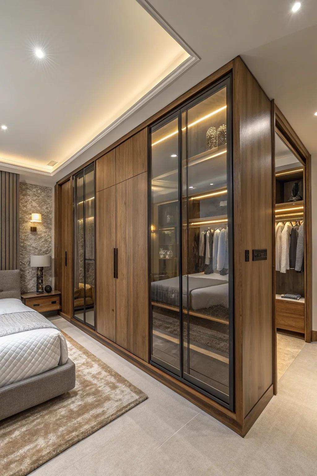 A closet that weds timber and glass for a timeless, elegant visage.