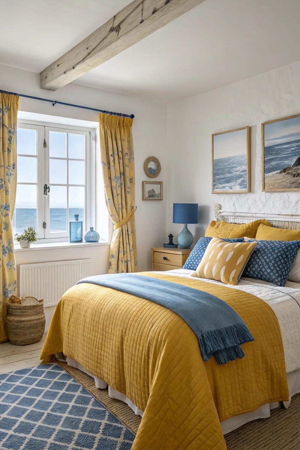 A coastal-inspired bedroom with the soothing presence of goldenrod and blue.