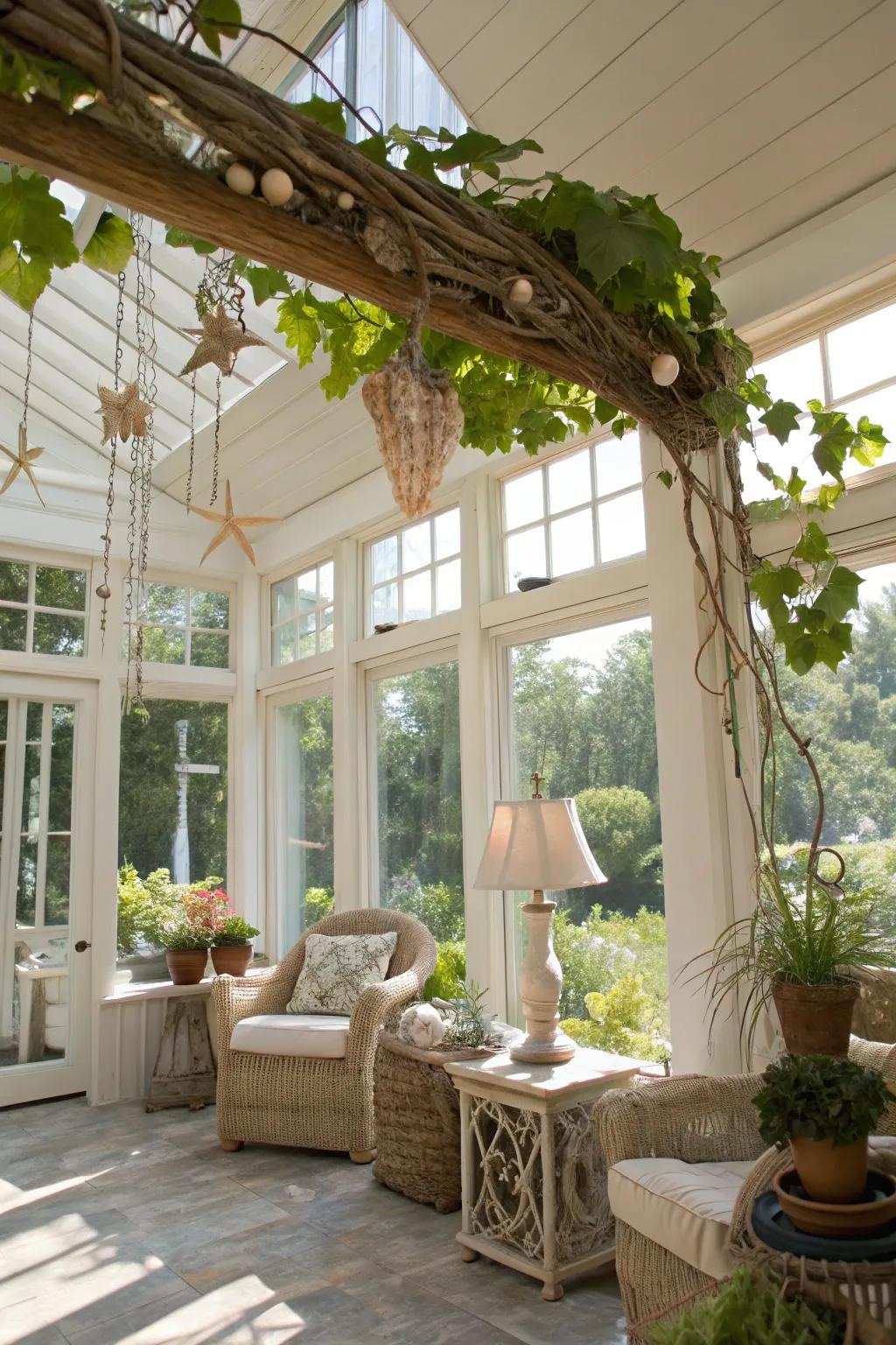 A coastal-inspired grapevine arrangement introduces serenity to a sunroom.