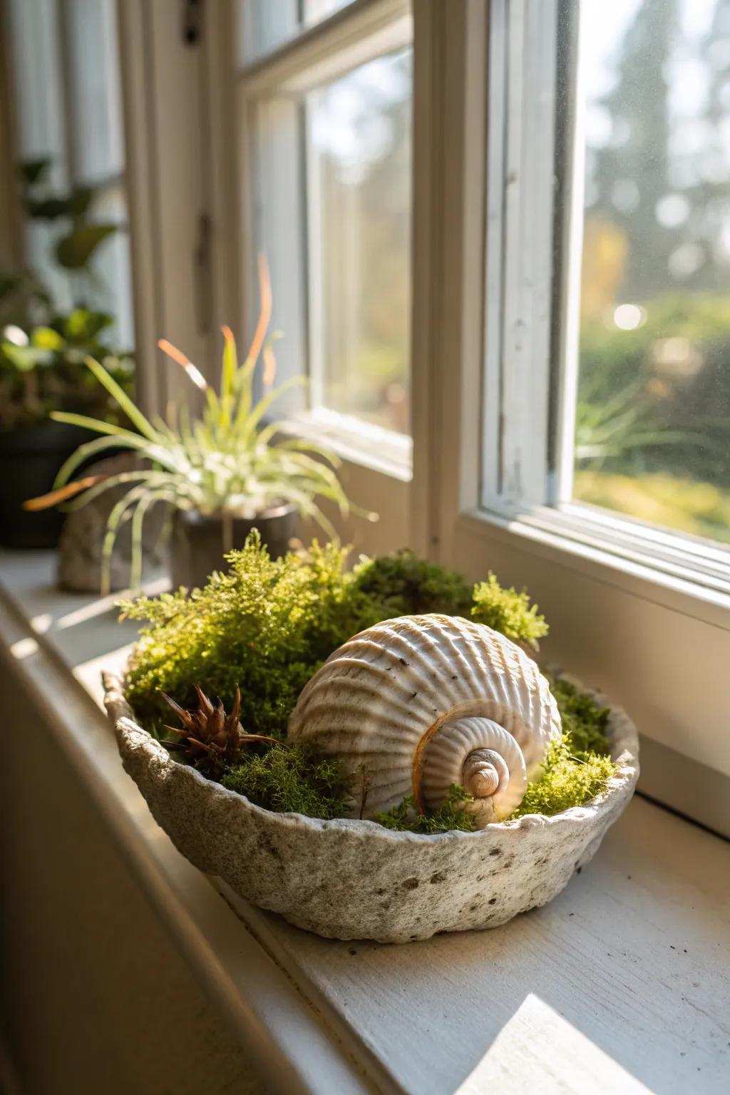 A coastal-inspired planter featuring moss and ocean shells.