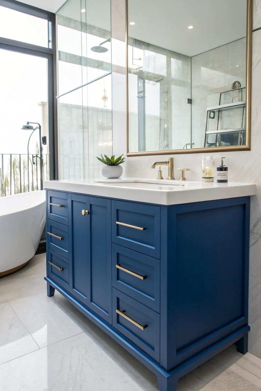 A cobalt azure washstand excels as an audacious centerpiece within this exquisite bathroom.
