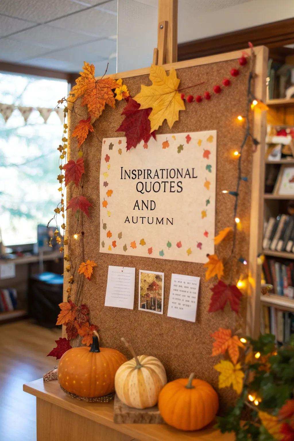 A collection of autumn-themed motivational sayings on a notice board.