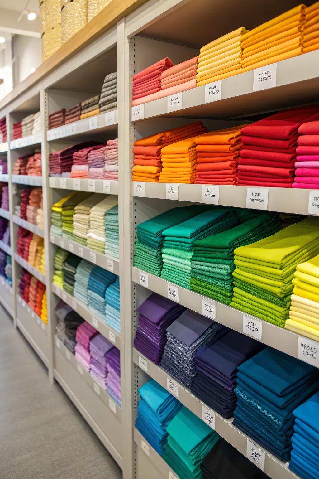 A color-organized textile display adds beauty and structure.