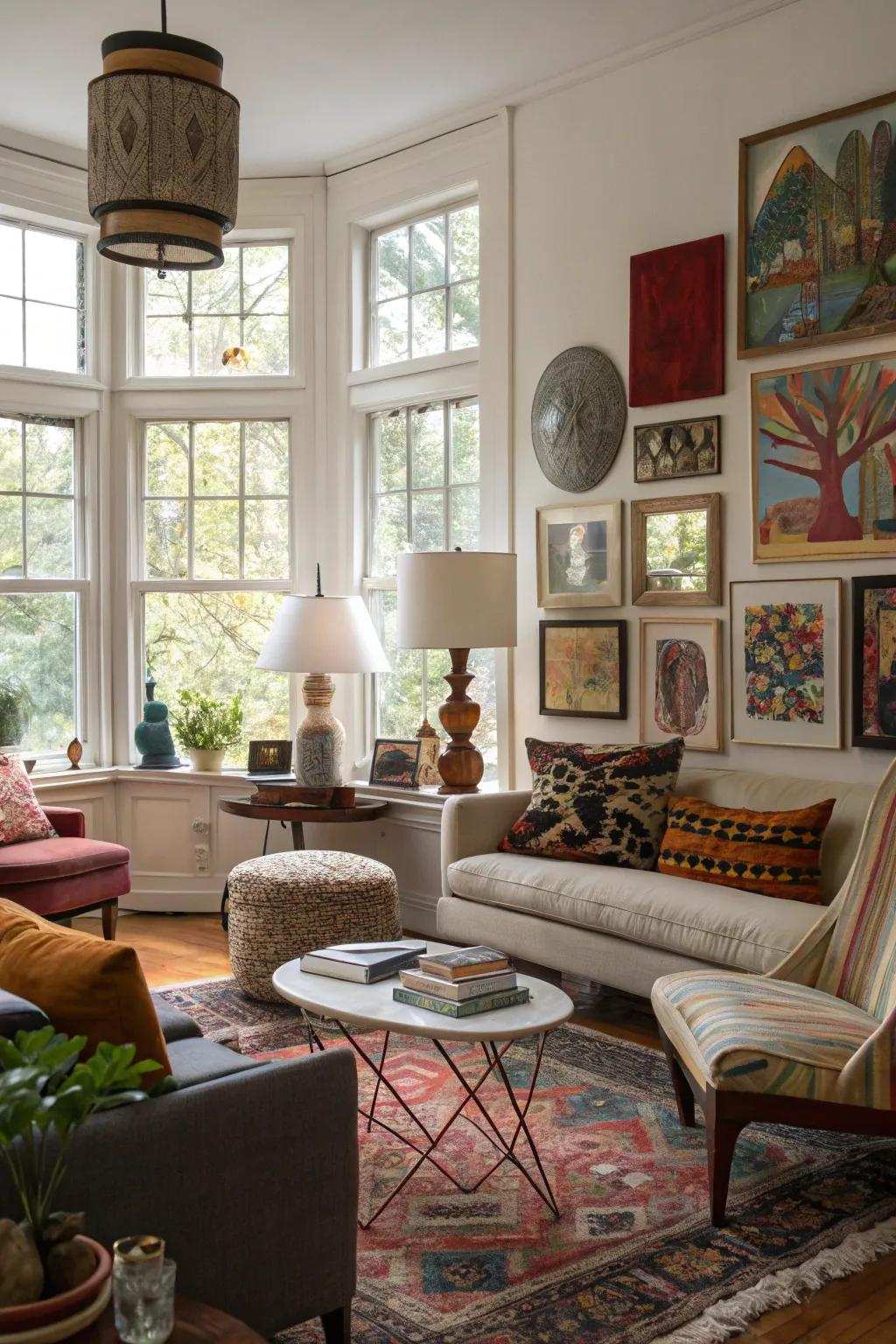 A combination of window shapes yields a visually captivating and artistic living space.
