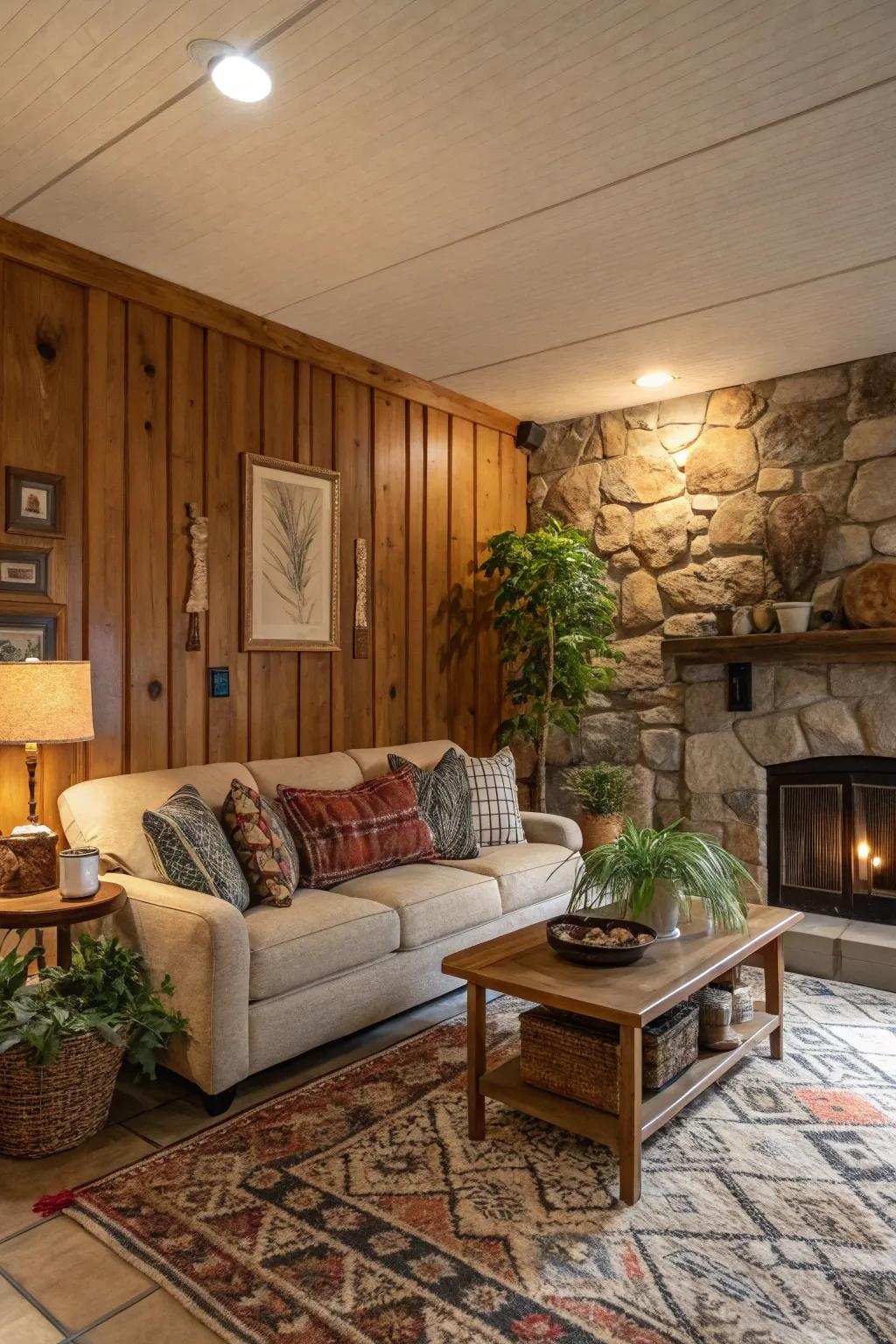 A combination of wood and stone generates a rich, layered style.