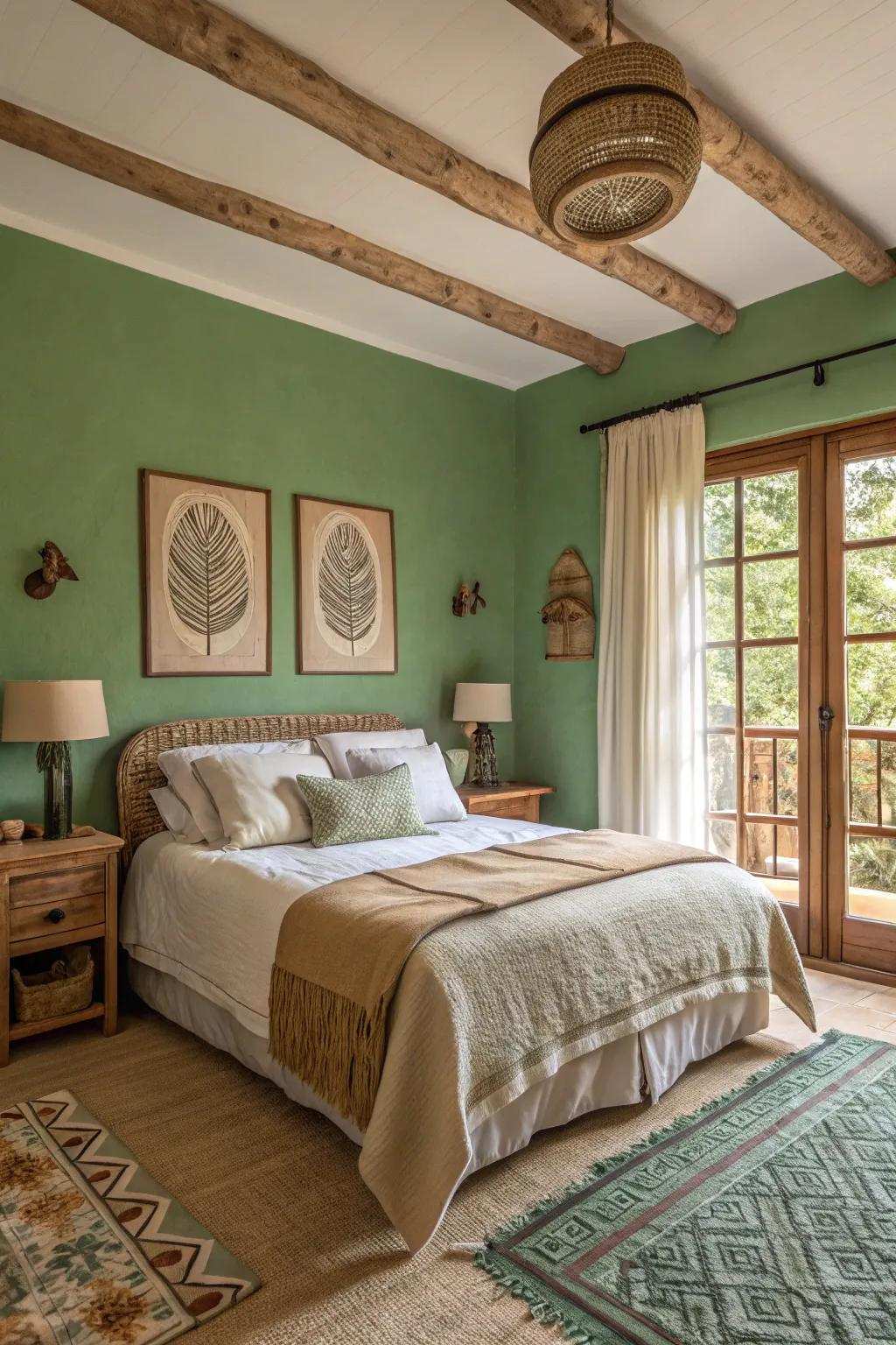 A comfortable bedroom with verdant walls and earthy non-color decorations.