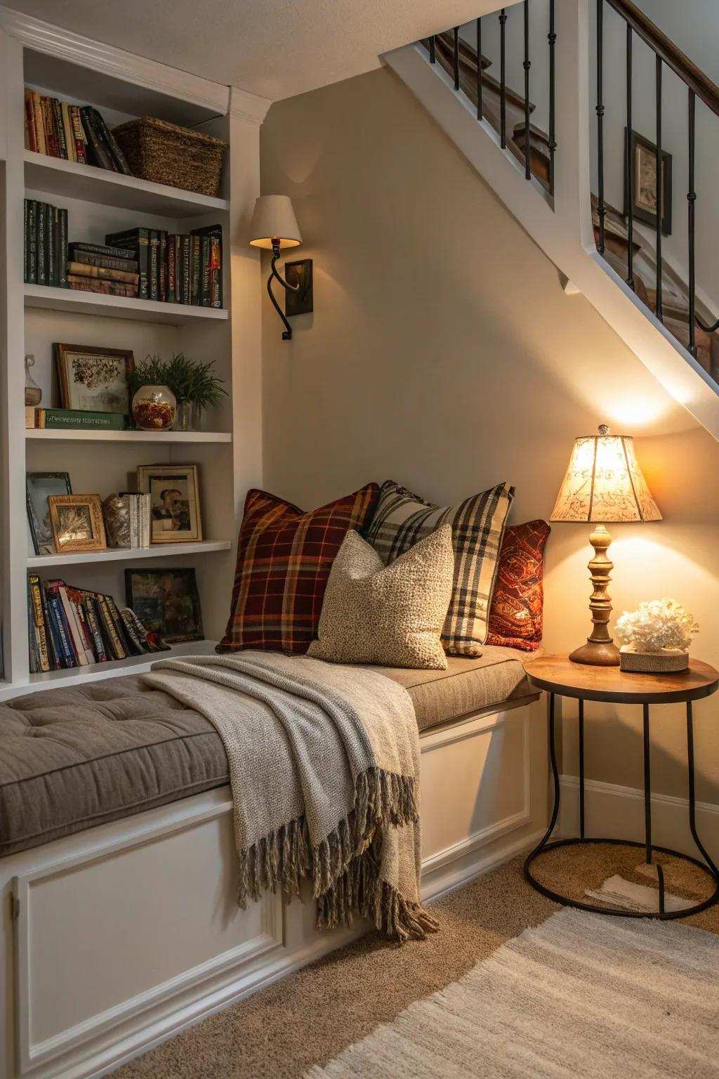 A comfortable reading corner transforms an unused area.