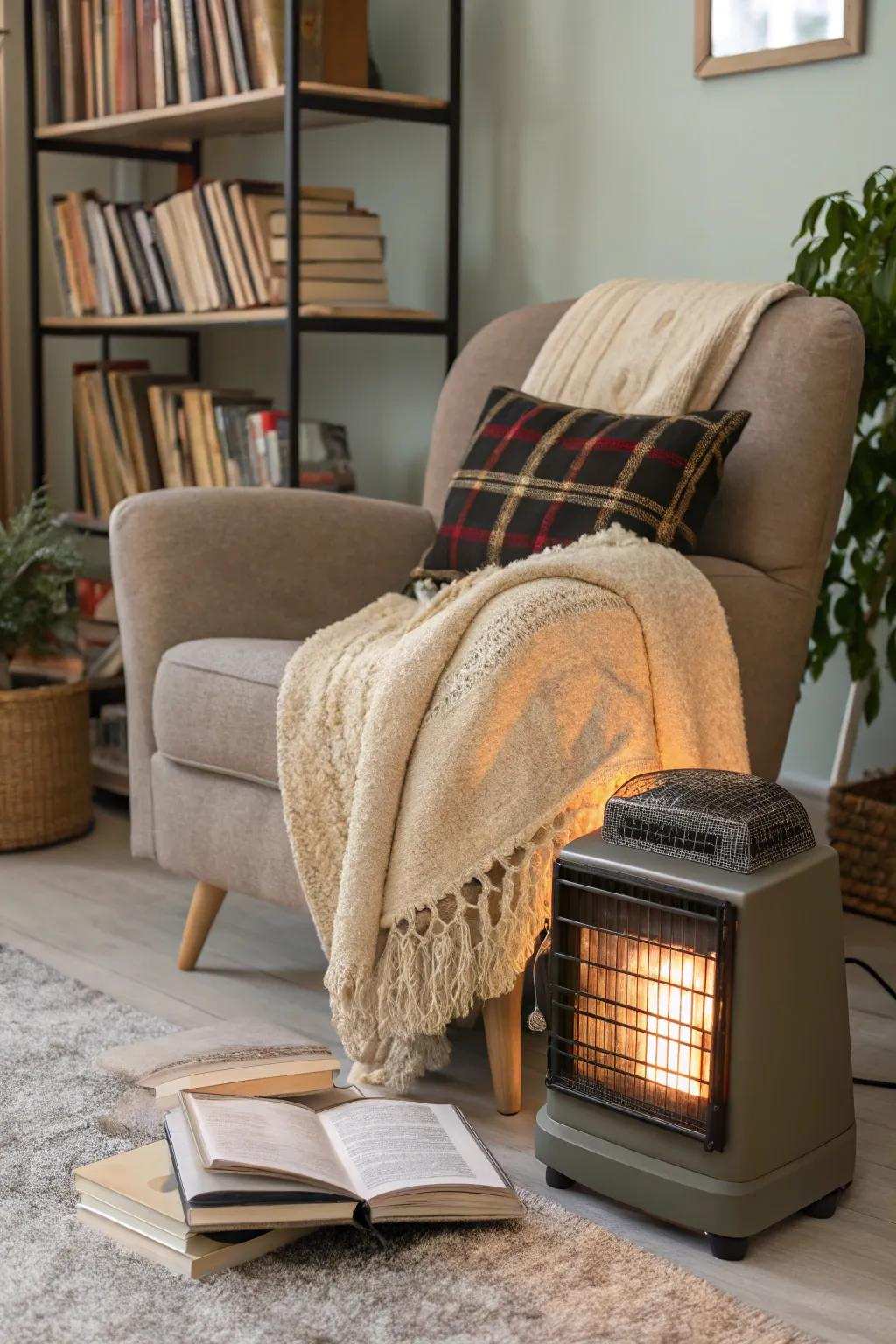 A comfortable reading spot with a movable electrical heater, perfect for quick, adaptable warmth.