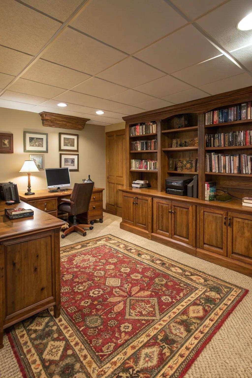 A comfortable rug gives your basement office more style and comfort.
