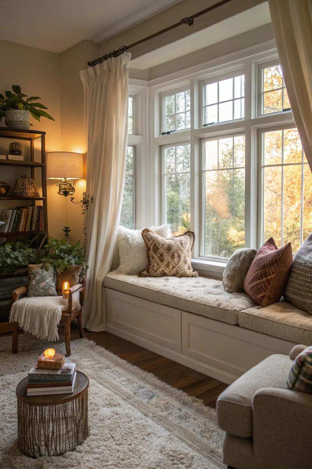 A comfortable window couch encourages unwinding in this charming living space.