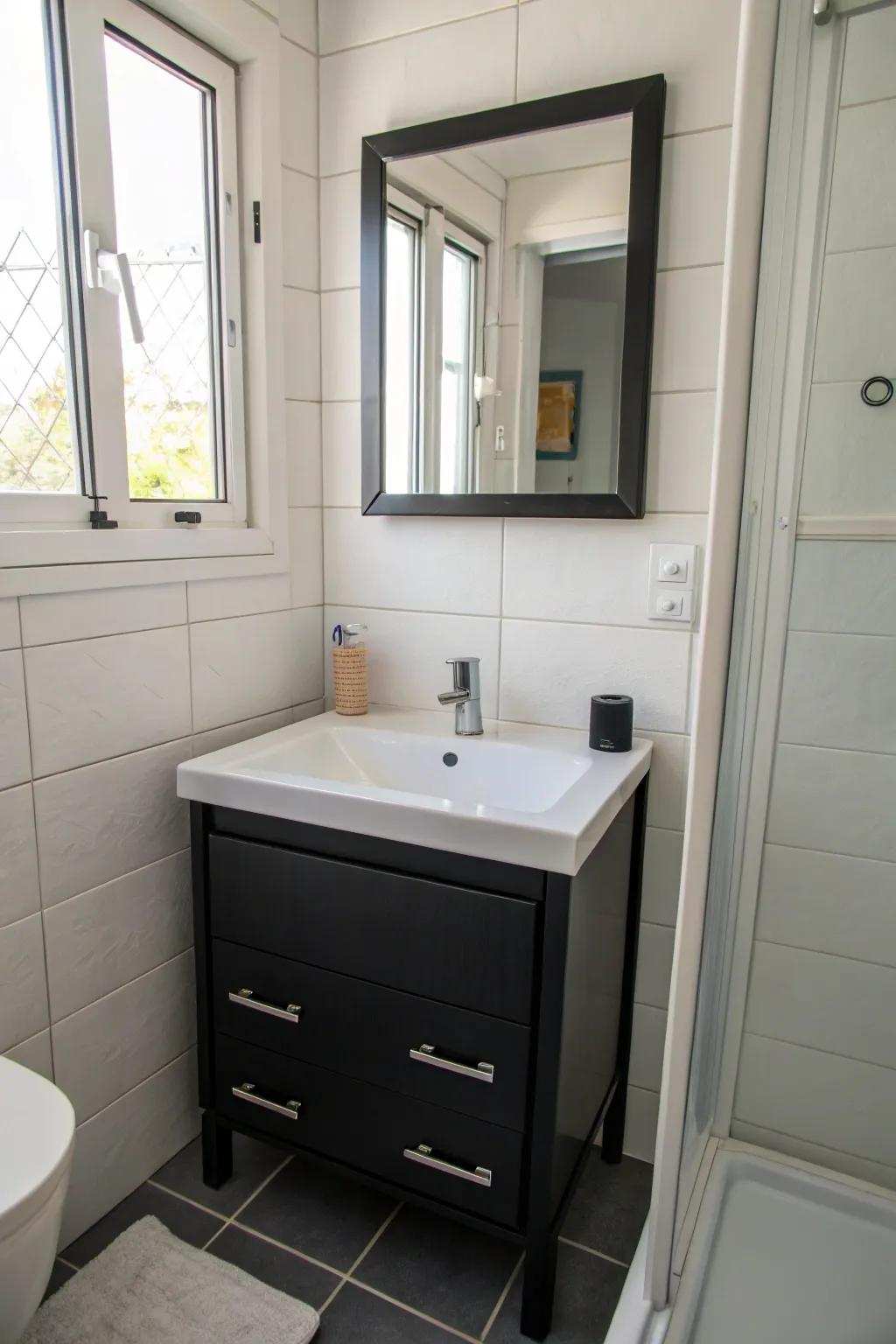 A compact dark-toned vanity is the ideal solution for small bathrooms, providing style and efficiency.