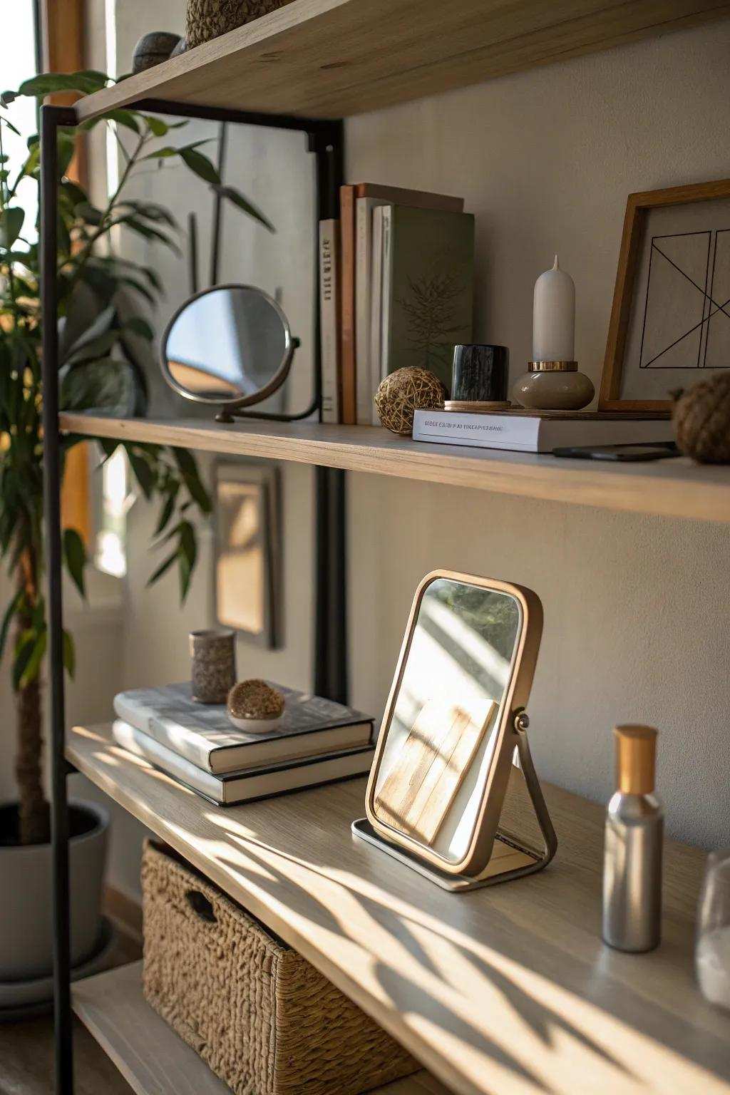 A compact mirror reflects light, bringing a delightful twist.