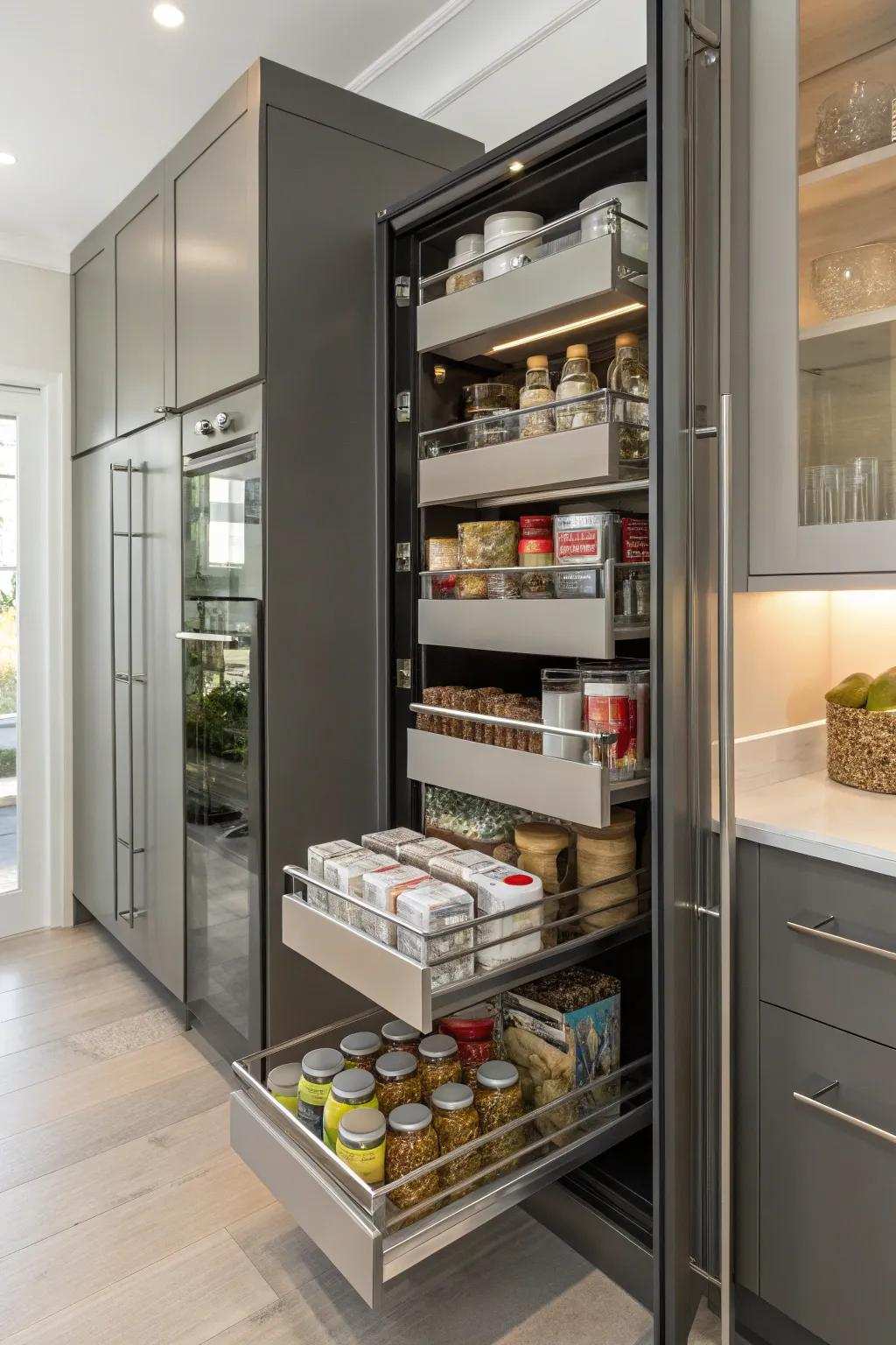 A compact pantry cabinet with plenty of storage.