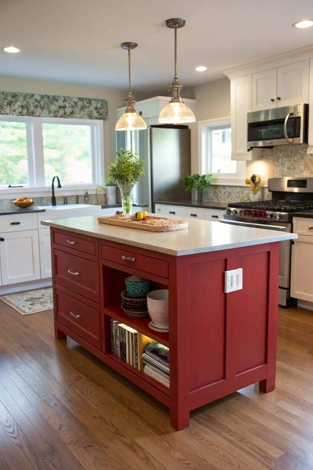 A compact red kitchen island offers both practical features and aesthetic.