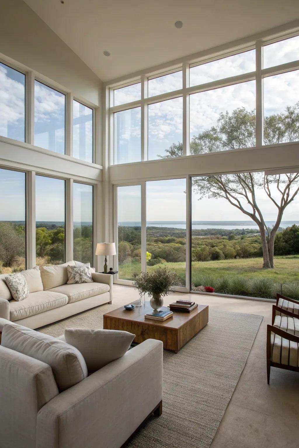 A complete window surface establishes a seamless bond between the living space and the natural world.