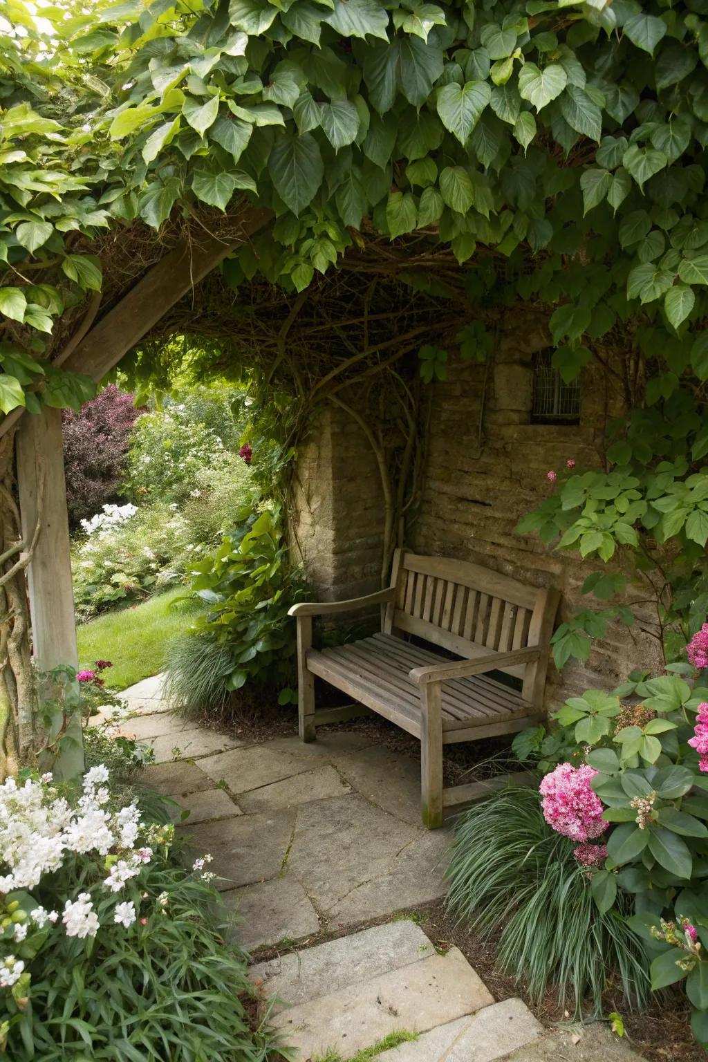 A concealed garden nook providing a private retreat.