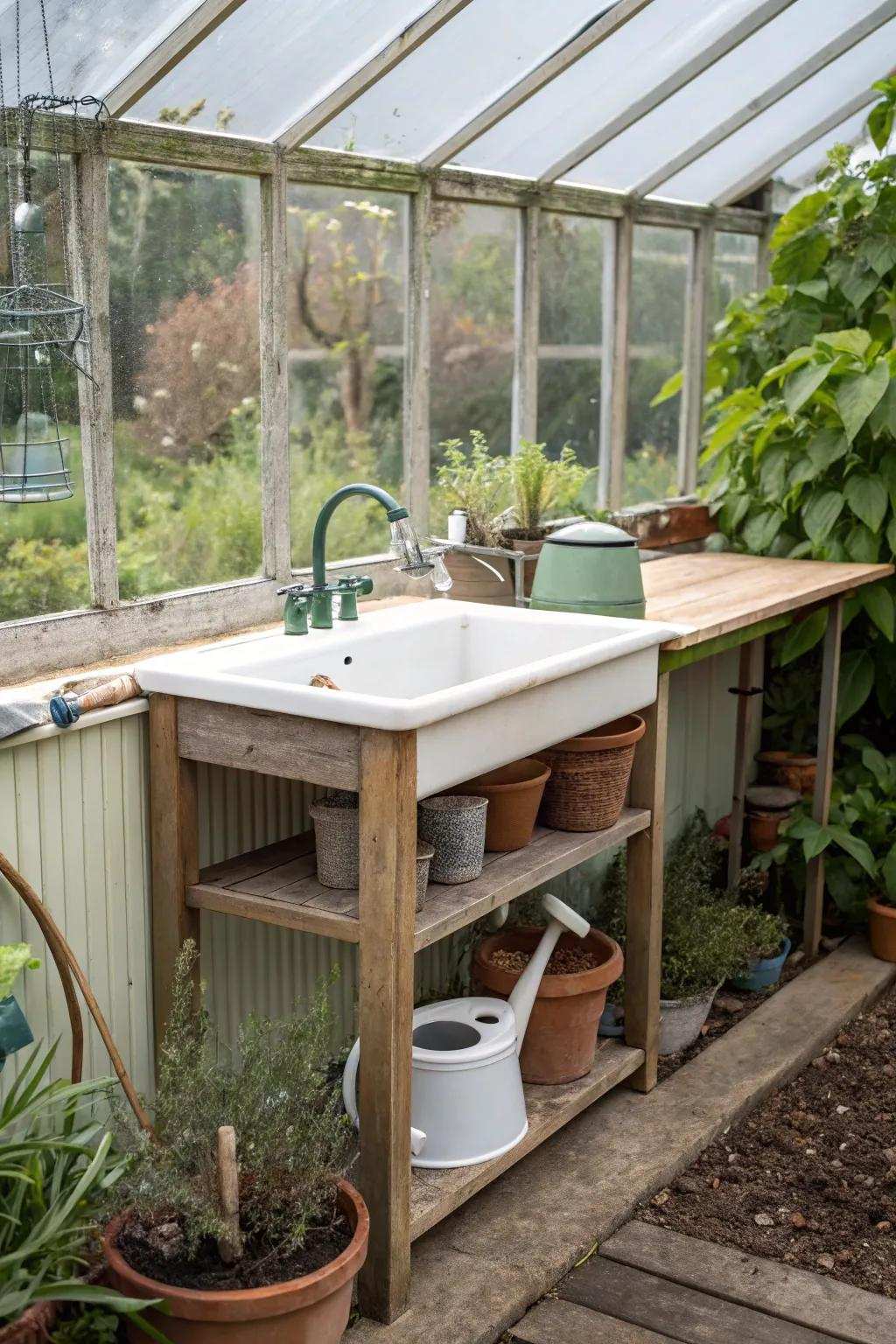 A concealed sink that provides area-saving functionality in a greenhouse.