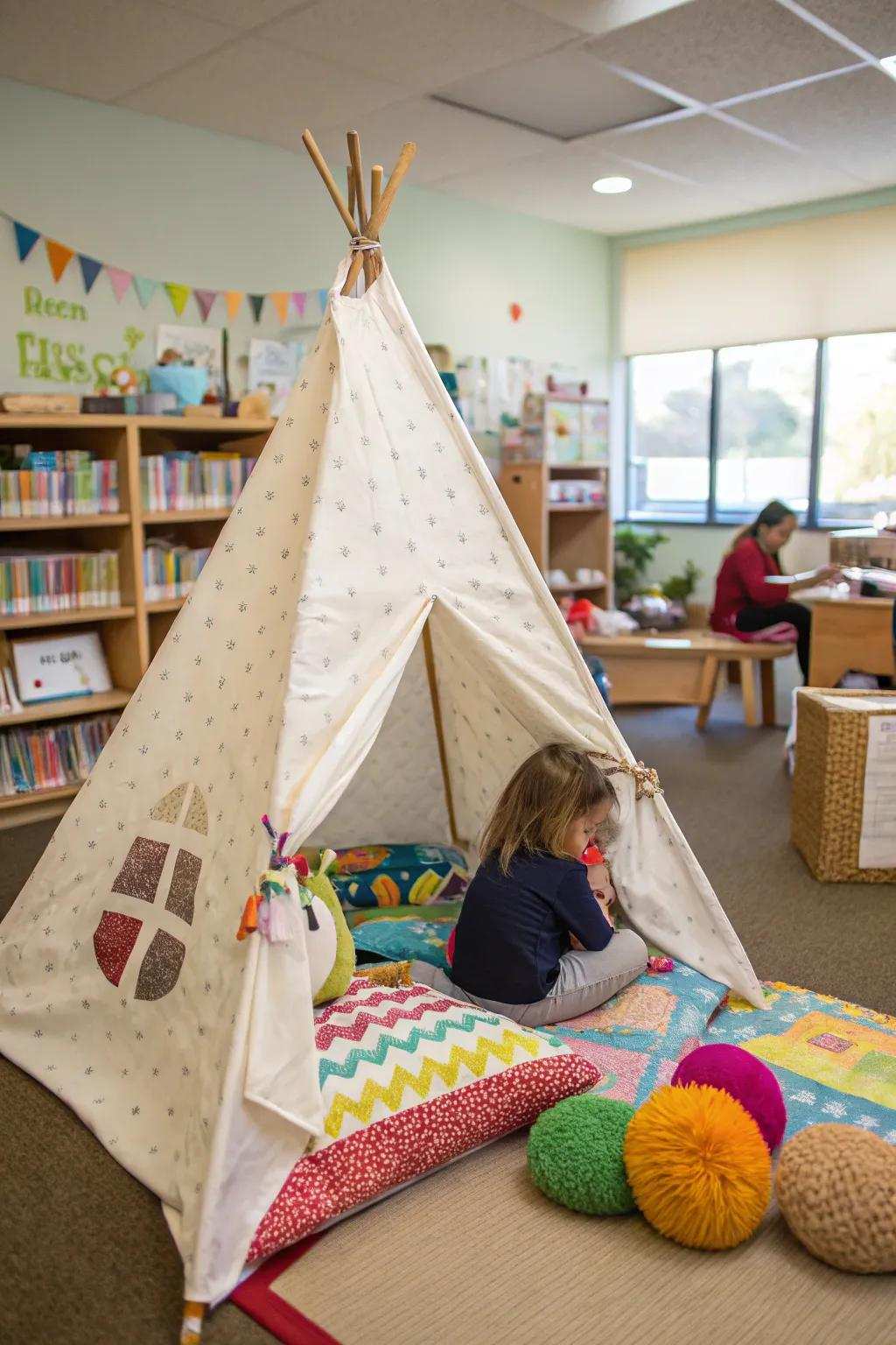 A cone shelter provides a secluded area for peaceful moments.