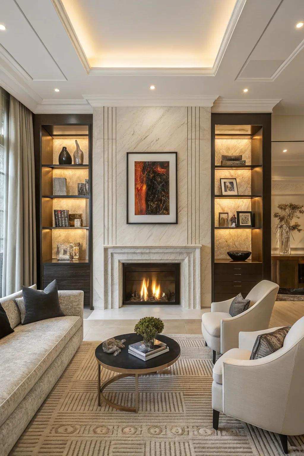 A contemporary declaration fireplace serves as a cozy focal point.