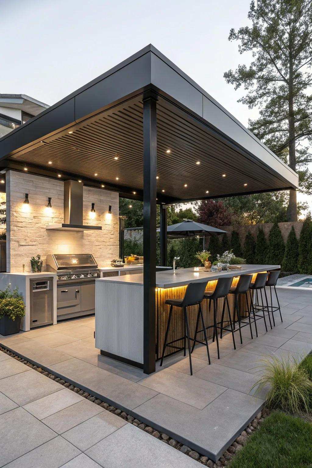 A contemporary kiosk featuring a built-in serving area offers a stylish outdoor entertaining setting.