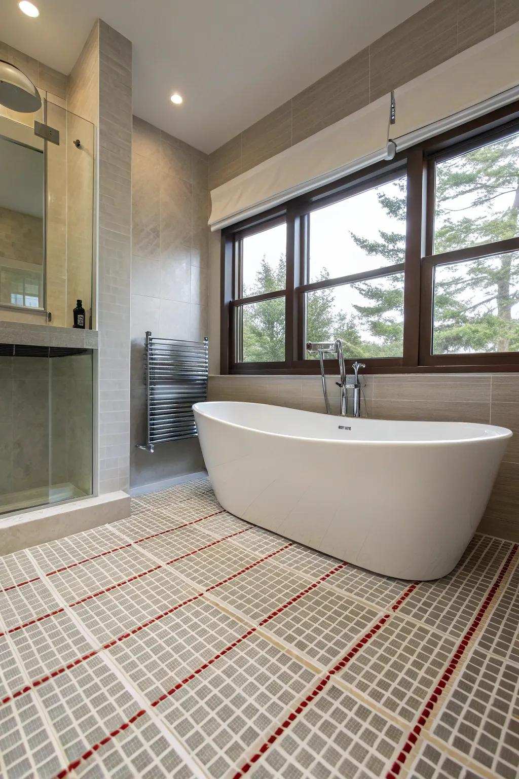 A contemporary lavatory featuring in-floor heating that provides a touch of comfort.