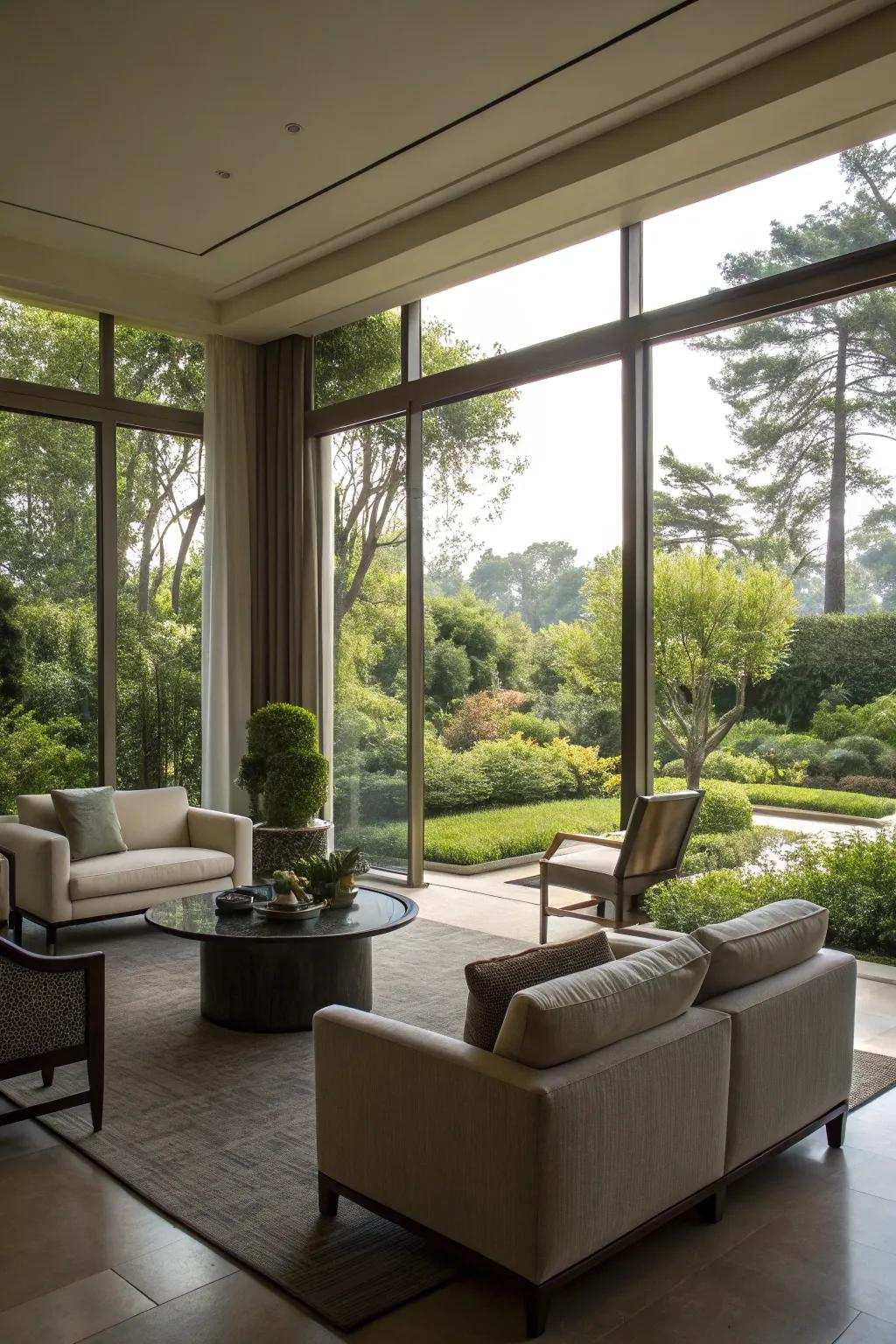 A contemporary living space featuring full-height windows that provide a stunning view of the garden.