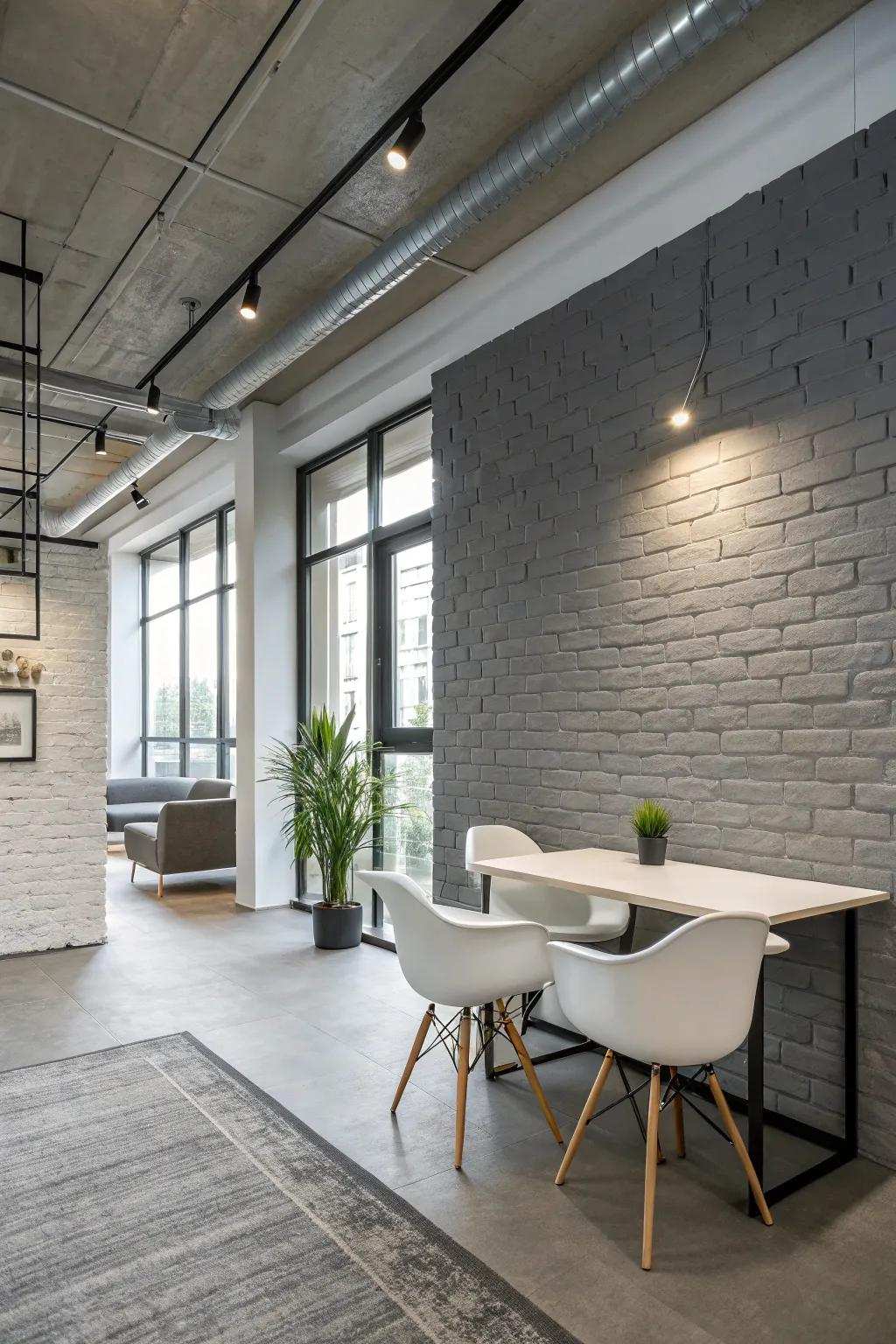 A contemporary office setting featuring a streamlined gray brick wall.