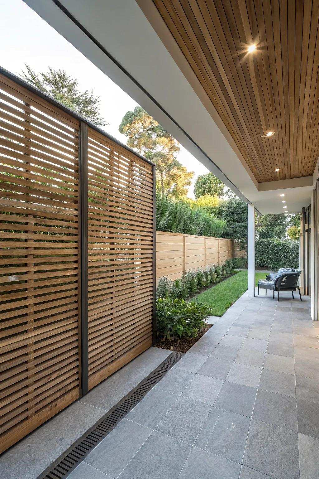 A contemporary patio featuring a slat timber theme.