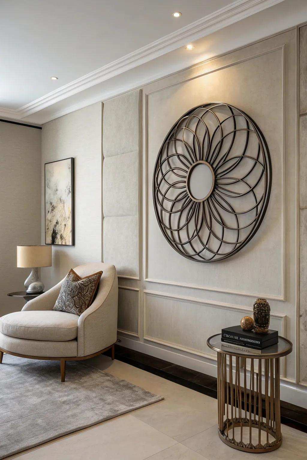 A contemporary room featuring a spherical alloy figure as its focal point.