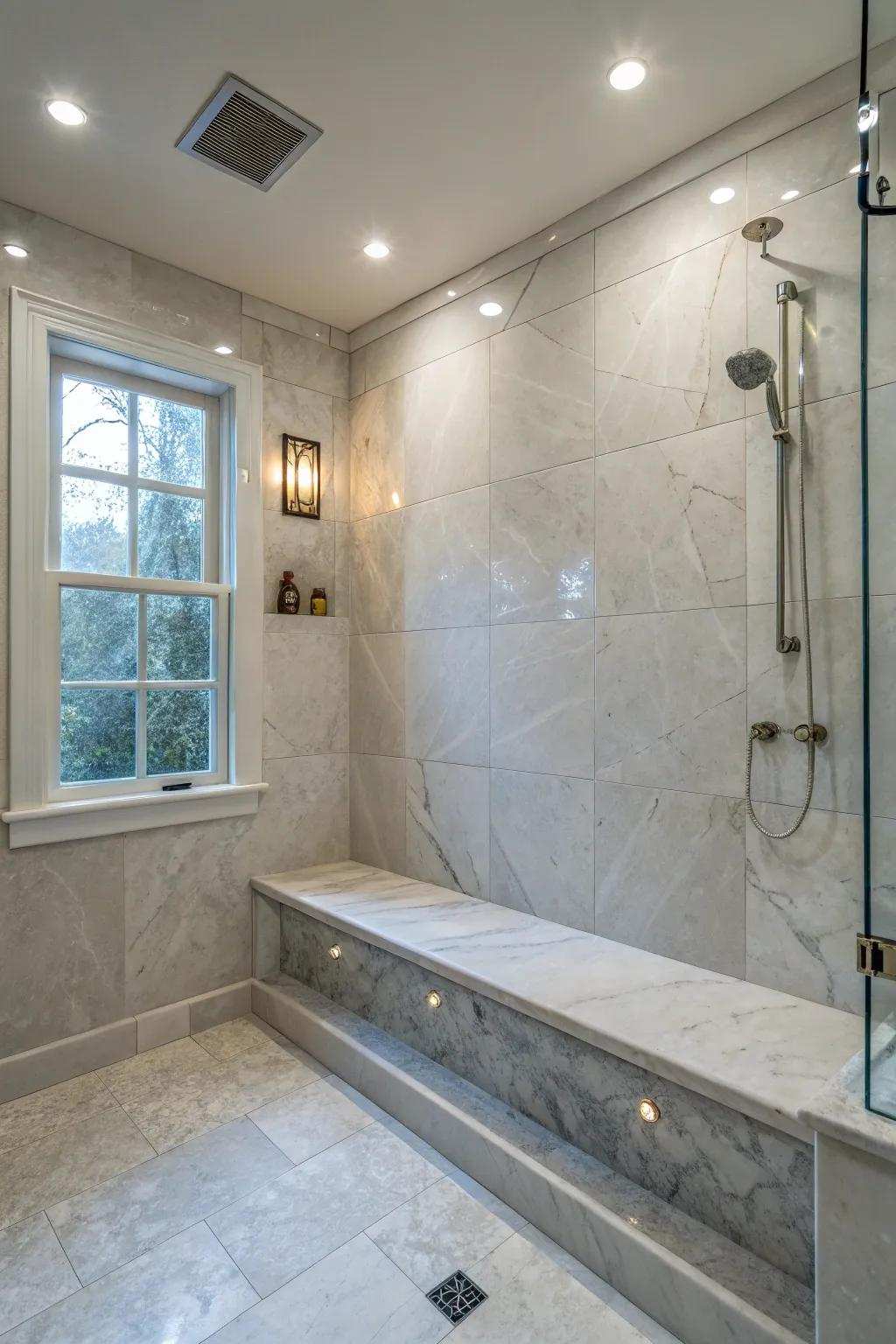 A continuous stone bench incorporated into the shower wall delivers both extravagance and practicality.