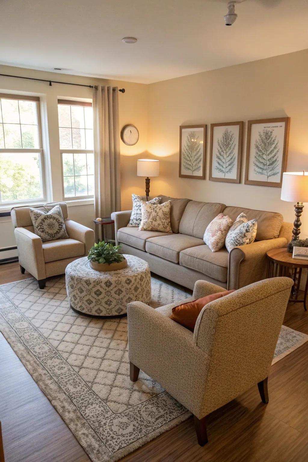 A conversational seating plan in a compact living room.