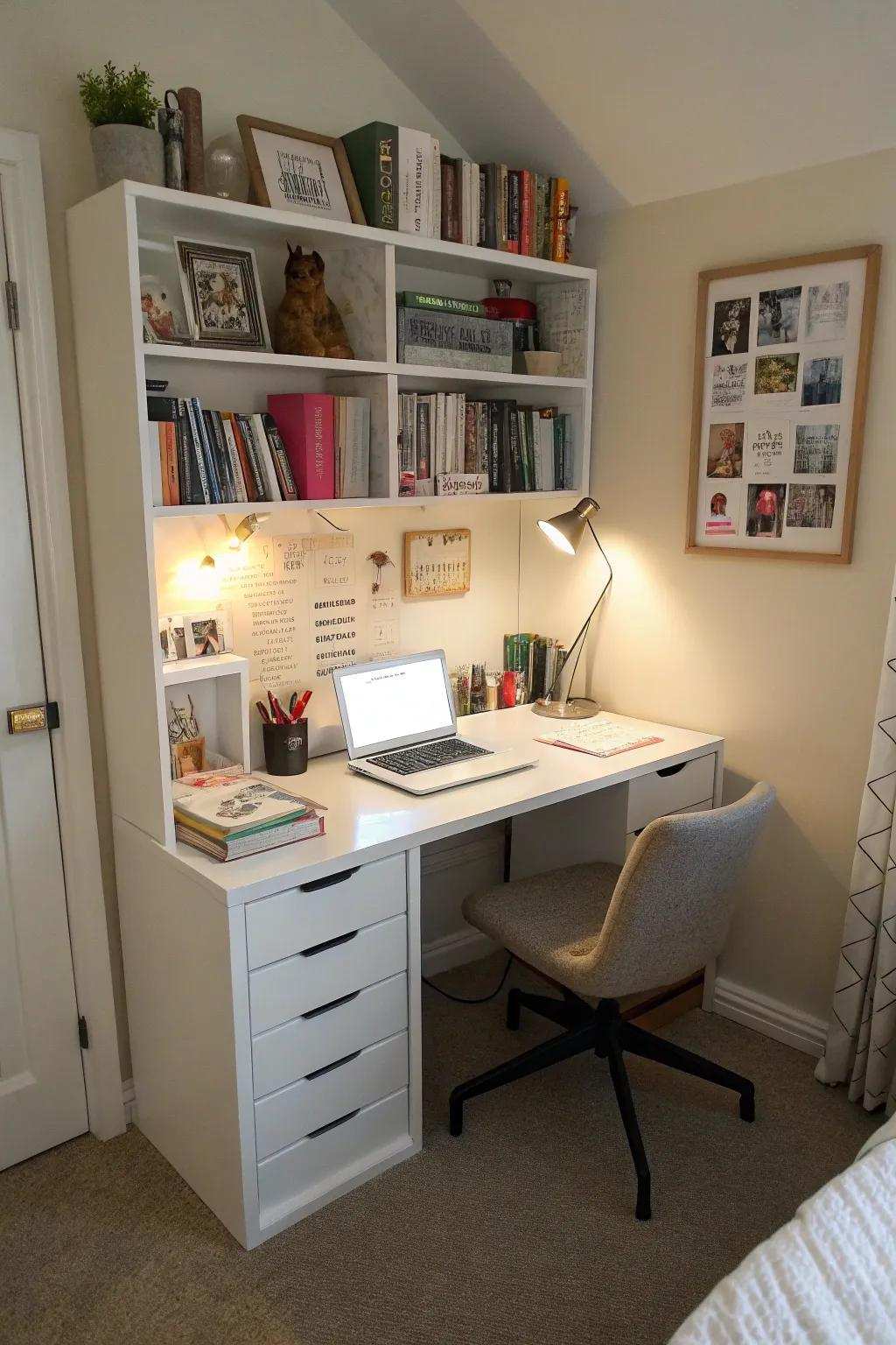 A corner workspace encourages productivity in tight areas.