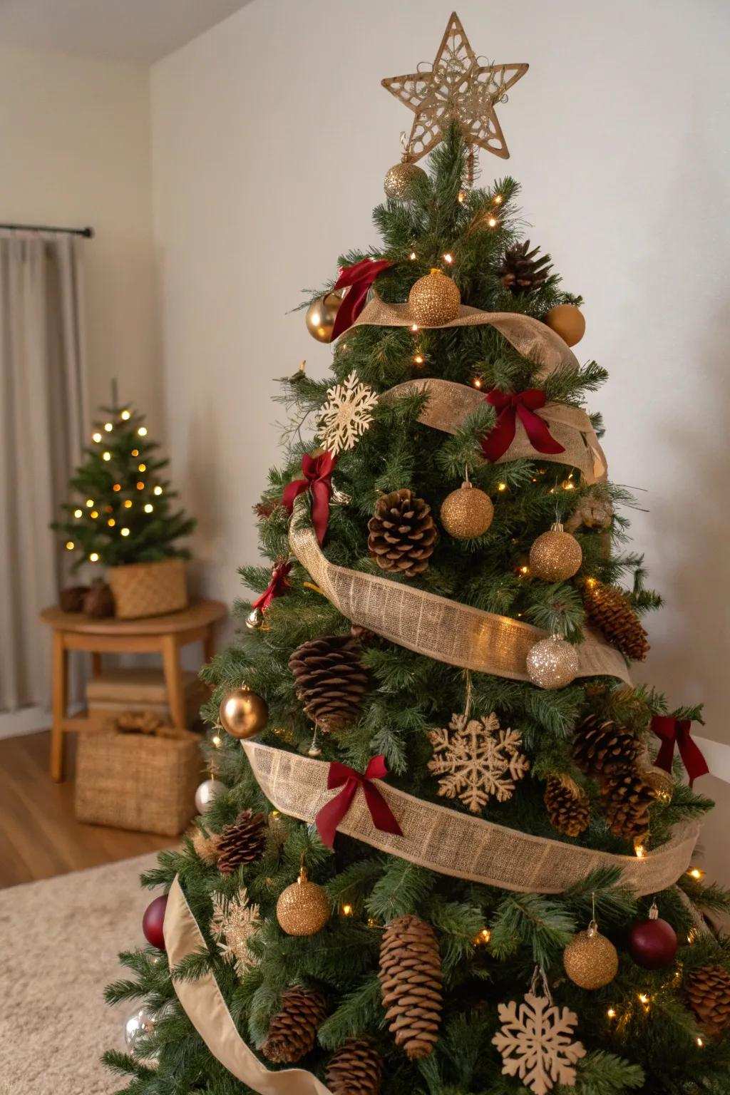 A country-inspired Christmas tree enhanced with bits of nature like pinecones and burlap bows.