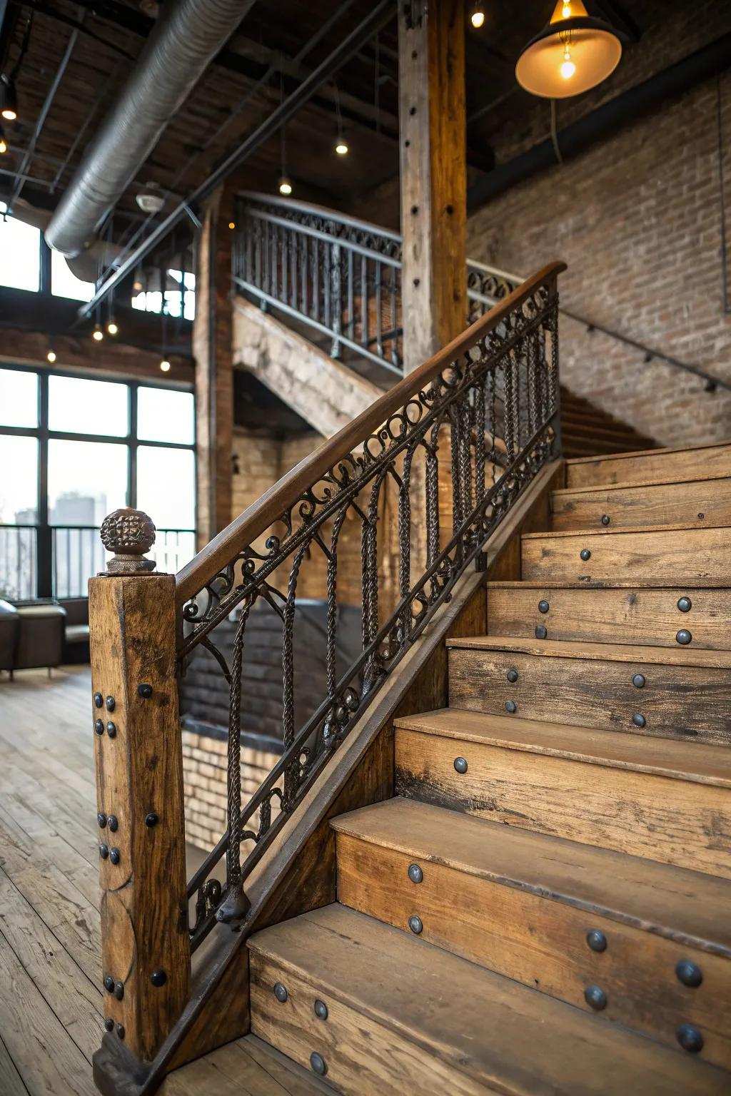A country staircase enhanced through graceful forged iron railings.