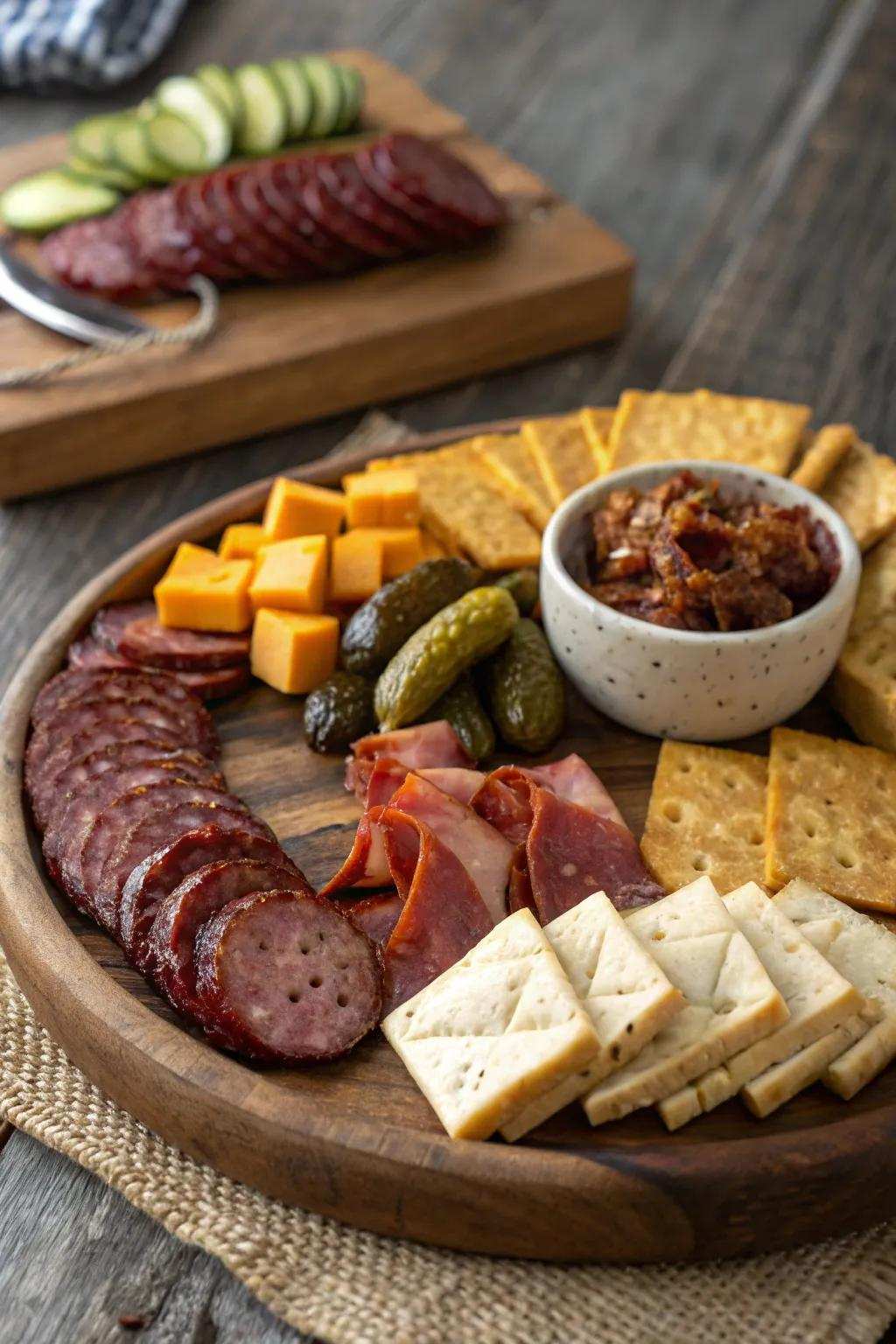 A country-style wood platter creates the perfect setting for your presentation