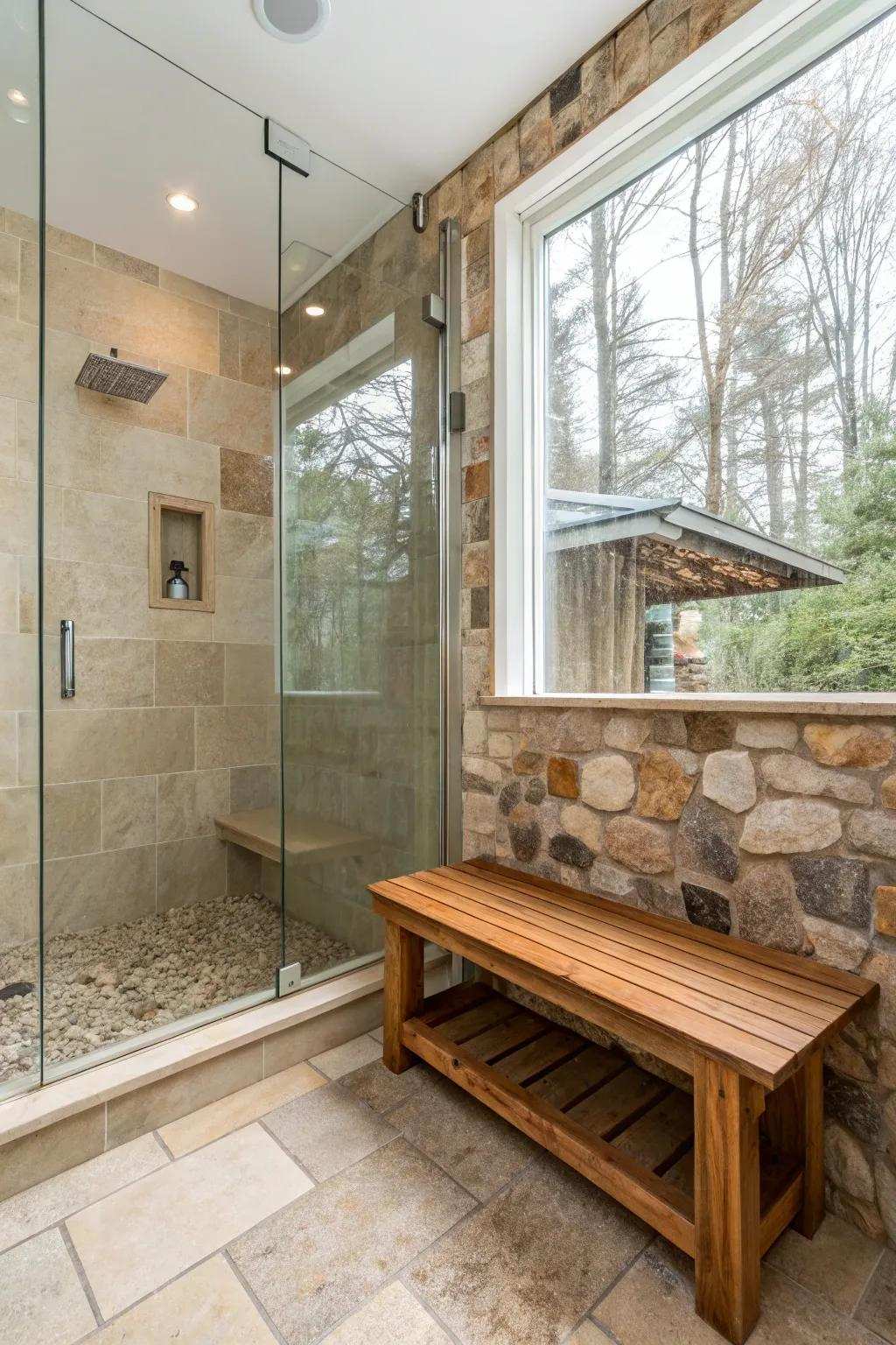 A country-style wooden bench imparts natural appeal to the walk-in shower, mixing attractively with the stone tiles.