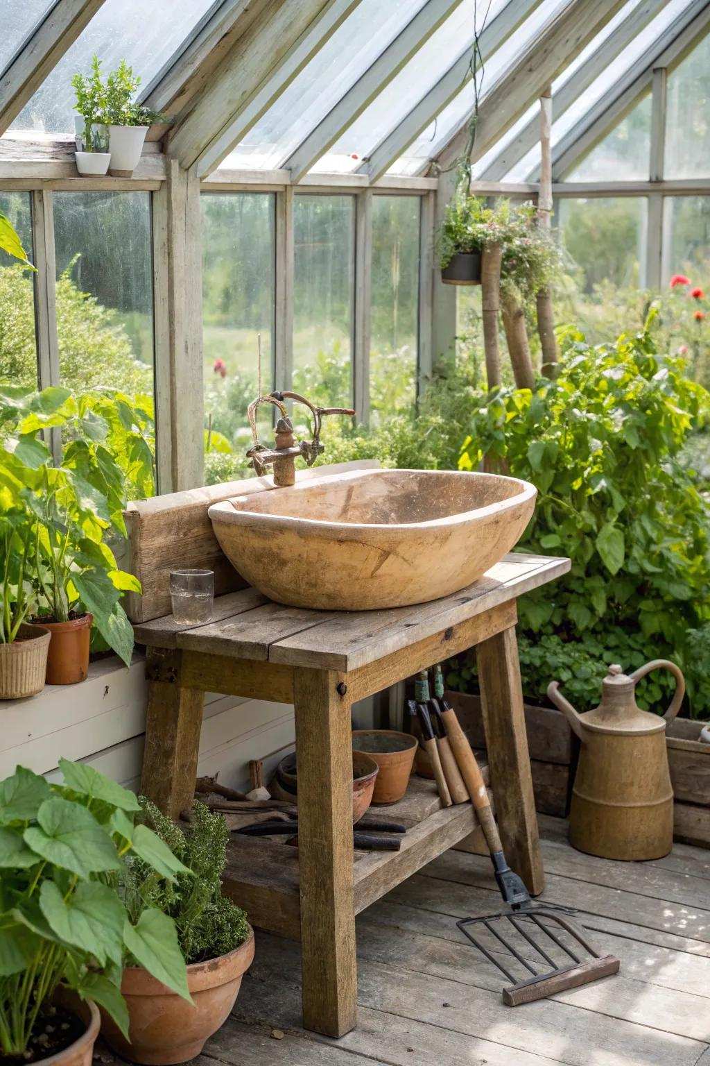 A country-style wooden sink that integrates perfectly into its greenhouse environment.