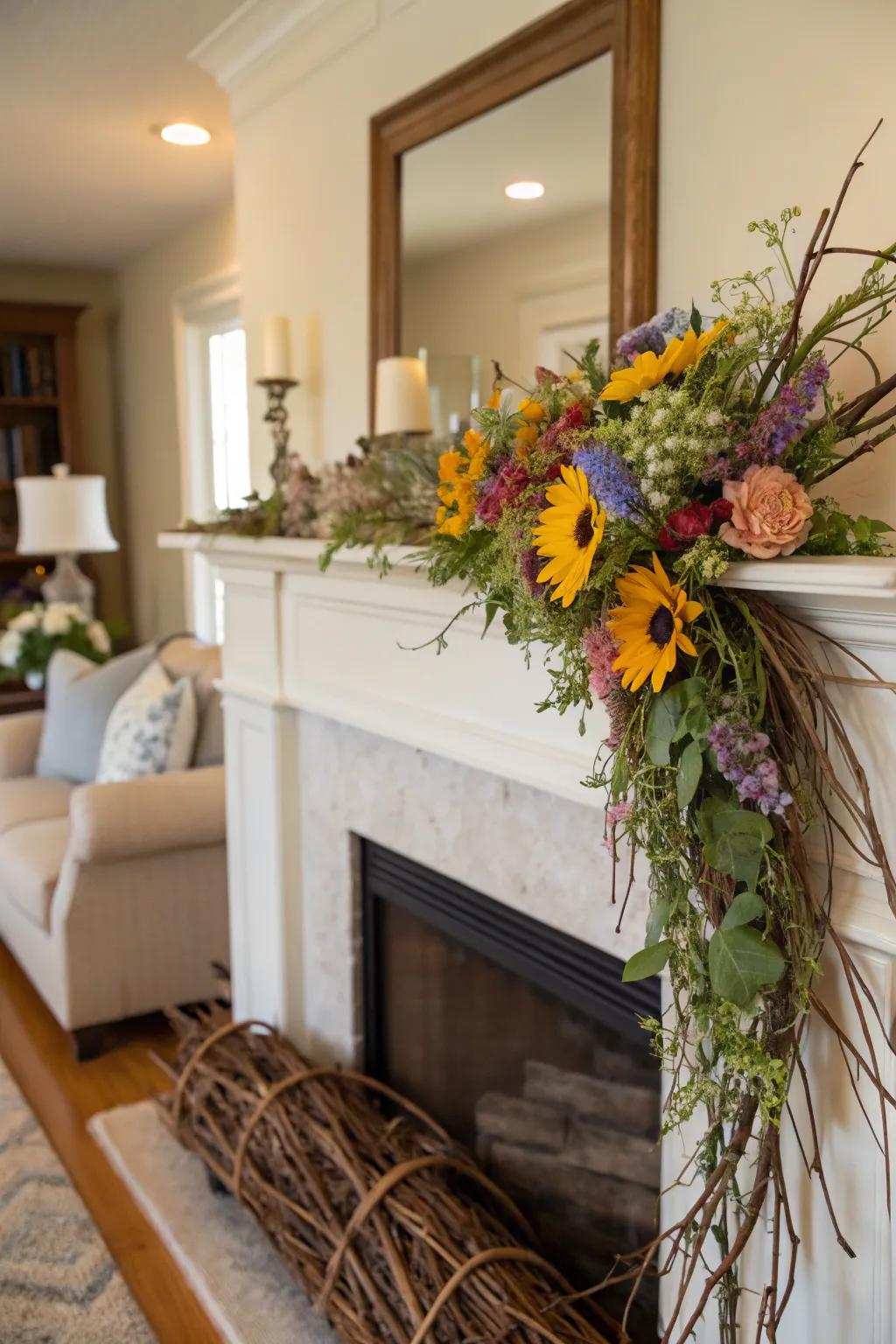 A countryside floral ornament infuses countryside allure to a mantel.