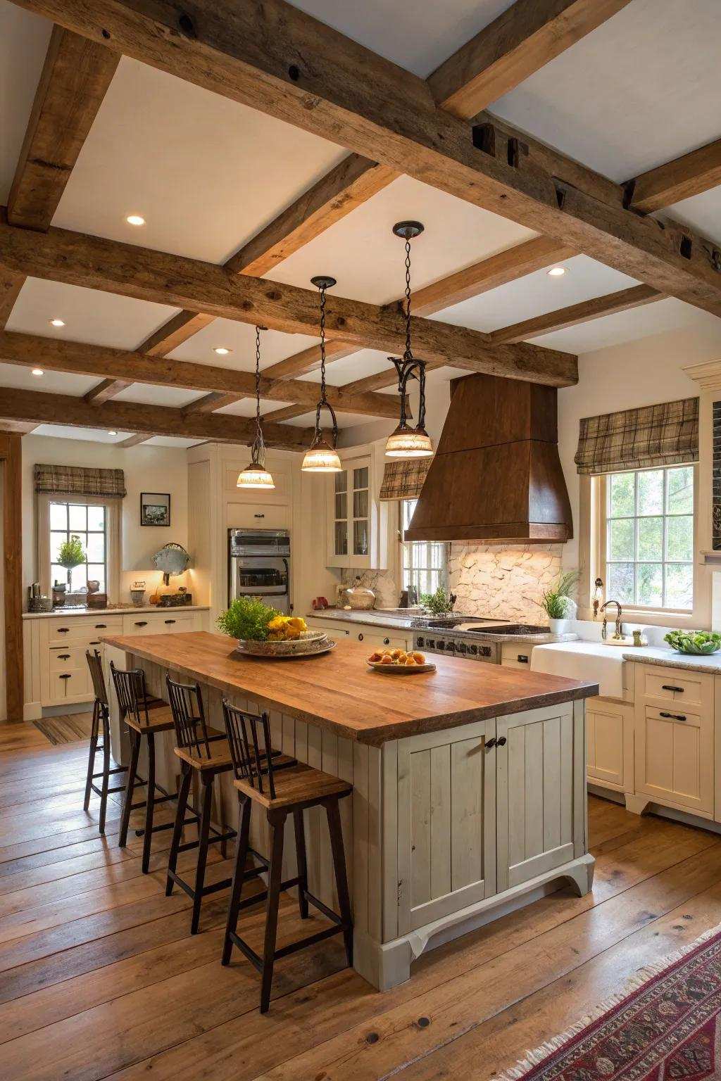 A countryside kitchen displaying an island and exposed architectural ceiling beams.