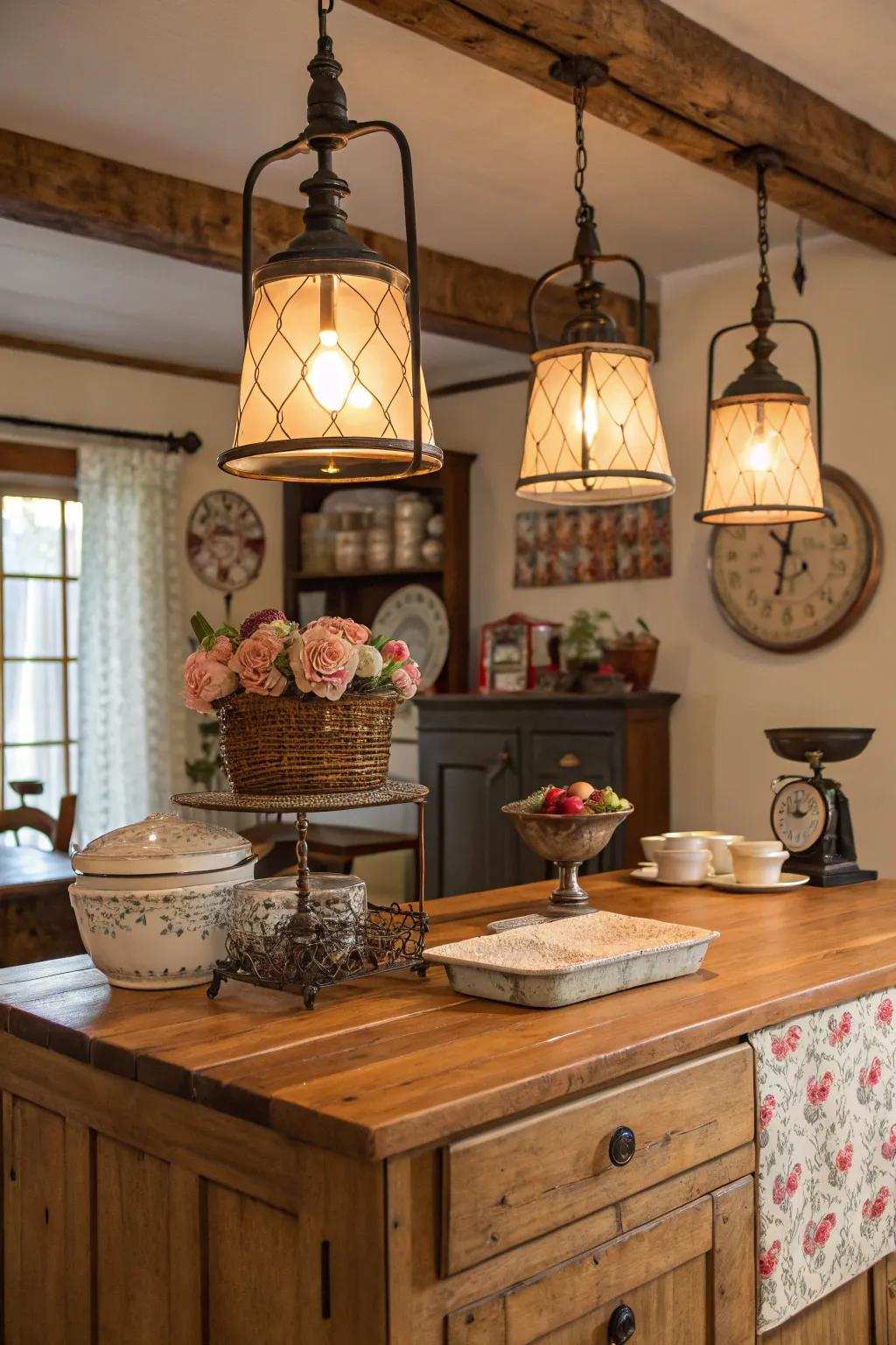 A countryside kitchen island adorned with period lighting and ornamental accents.