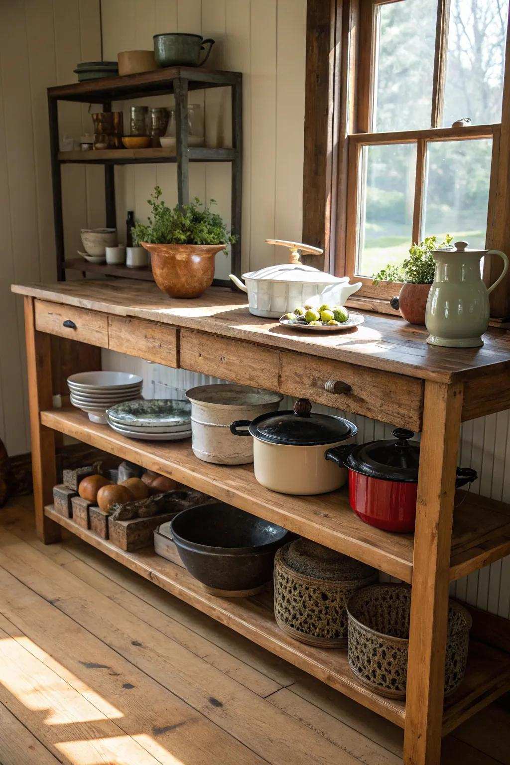 A countryside kitchen island boasting exposed storage, ideal for displaying treasured cooking utensils.