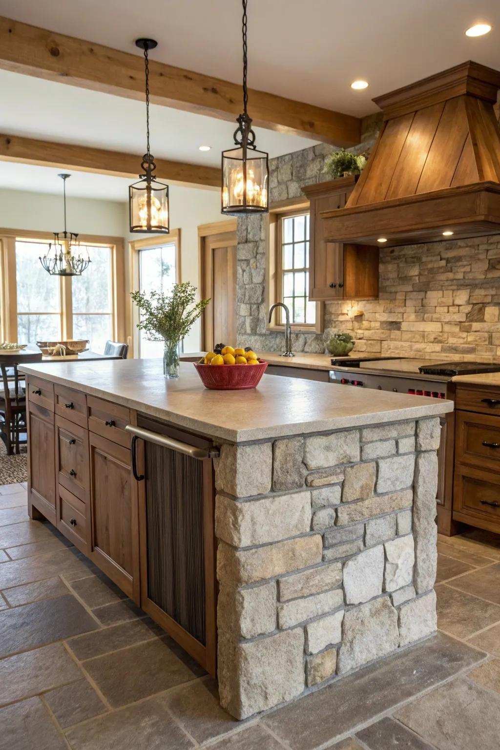 A countryside kitchen island complemented by a stone tile backsplash.
