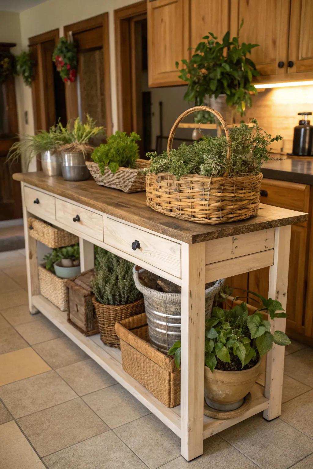 A countryside kitchen island decorated with ornamental plants and baskets.