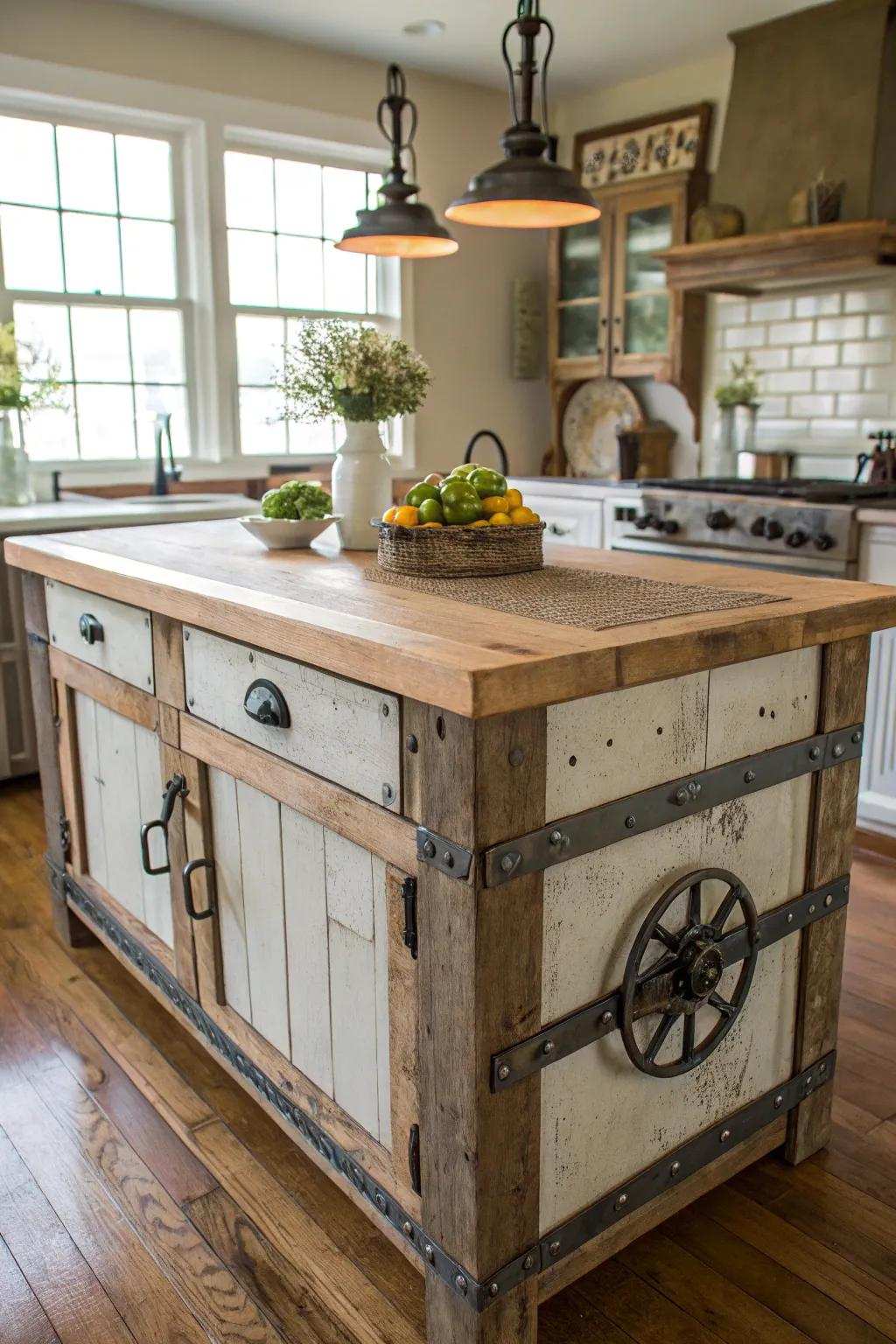 A countryside kitchen island featuring distressed metal accents for an industrial touch.