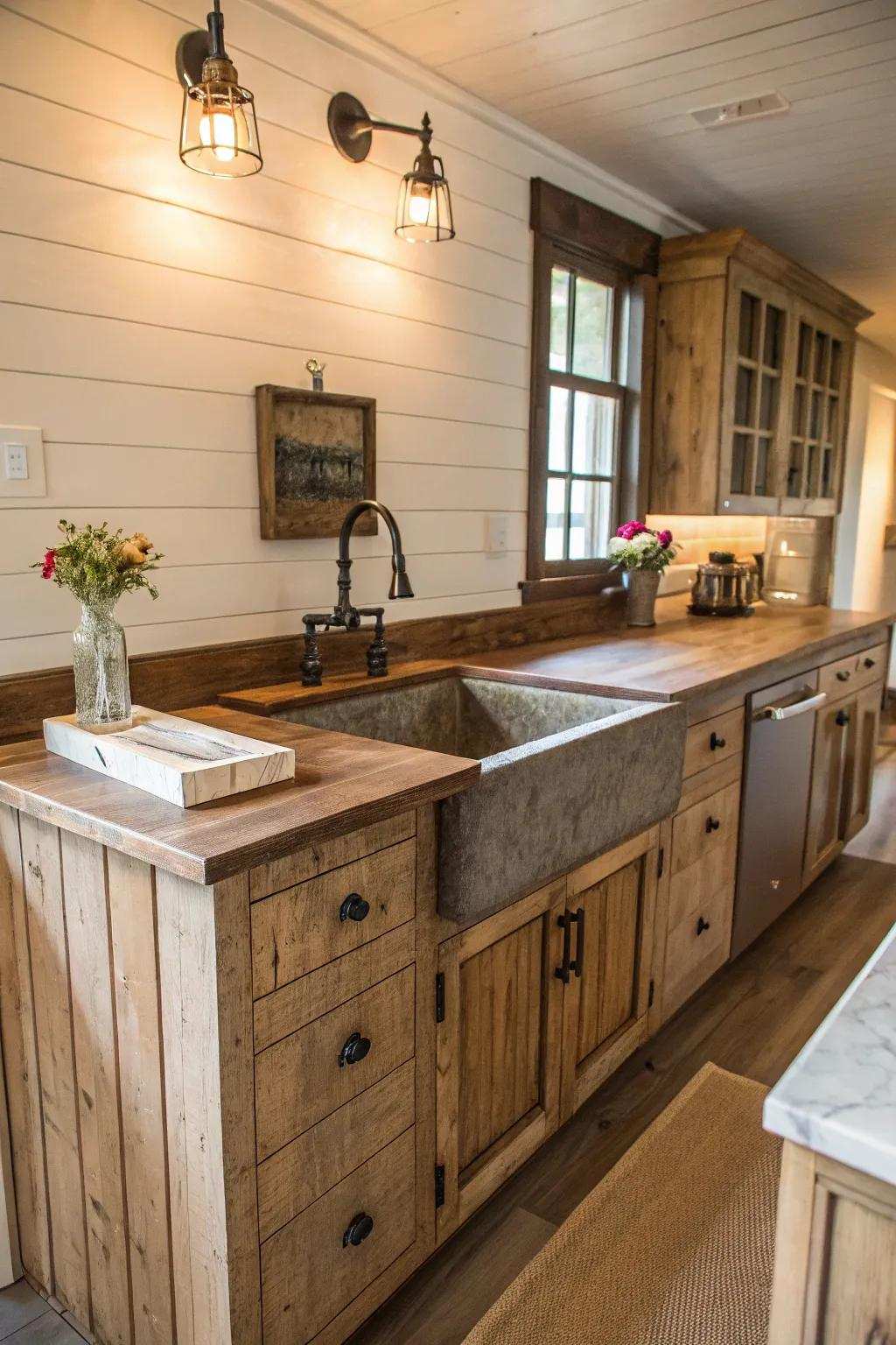 A countryside kitchen island featuring shiplap paneling for added texture.