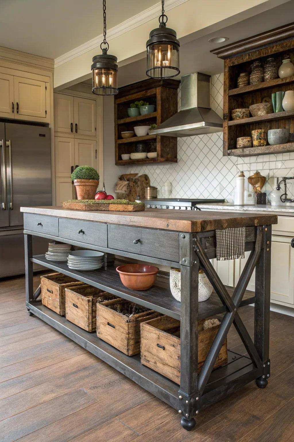 A countryside kitchen island merging industrial elements with rustic design.